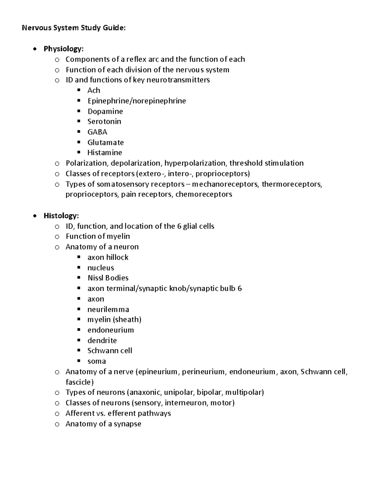 Nervous System Study Guide for Anatomy & Physiology (BIO101) - Studocu