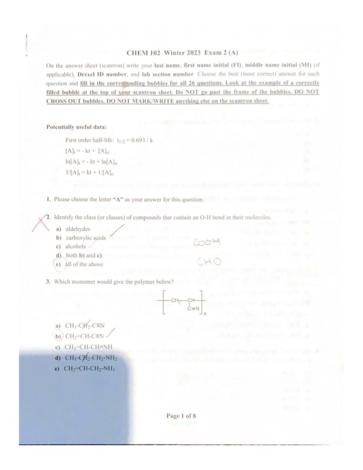 CHEM 102 Winter 2023 Exam 2 Study Guide and Answer Sheet Instructions ...