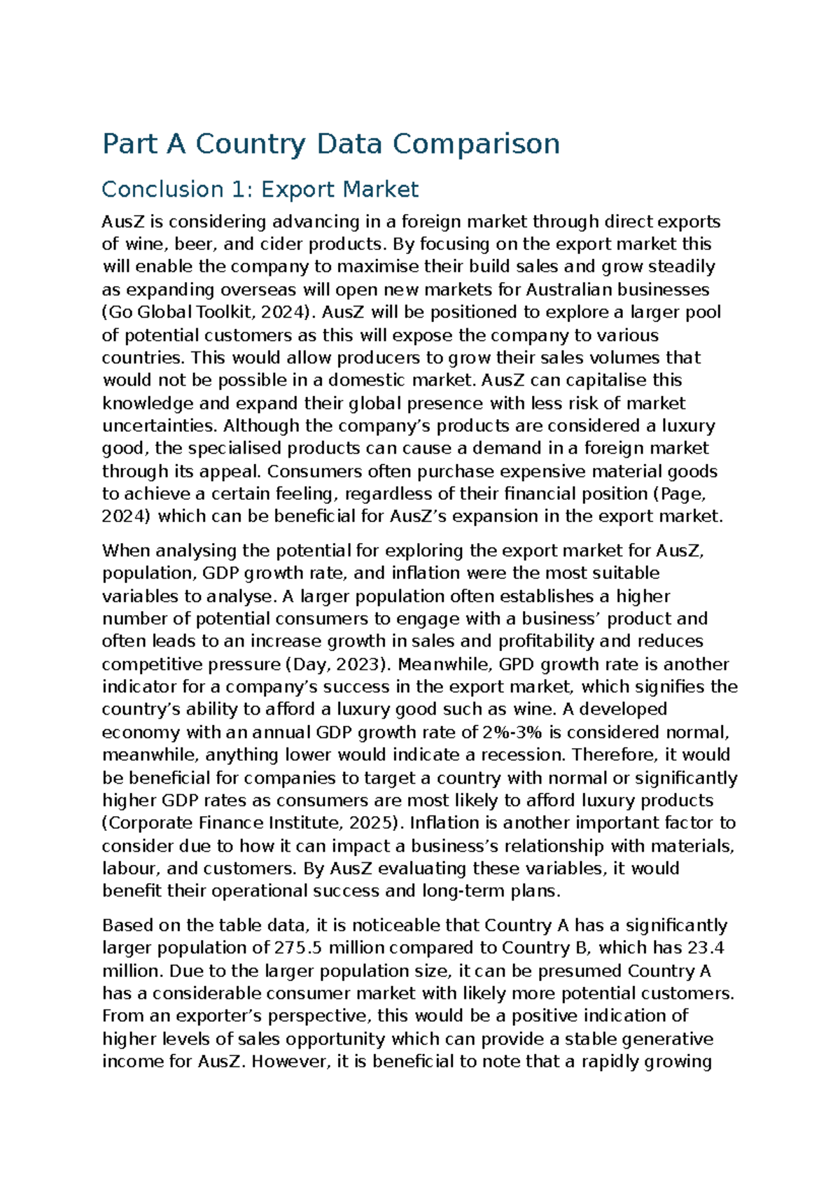 AMB110 A1 - Country Data Comparison for AusZ's Export Strategy - Studocu