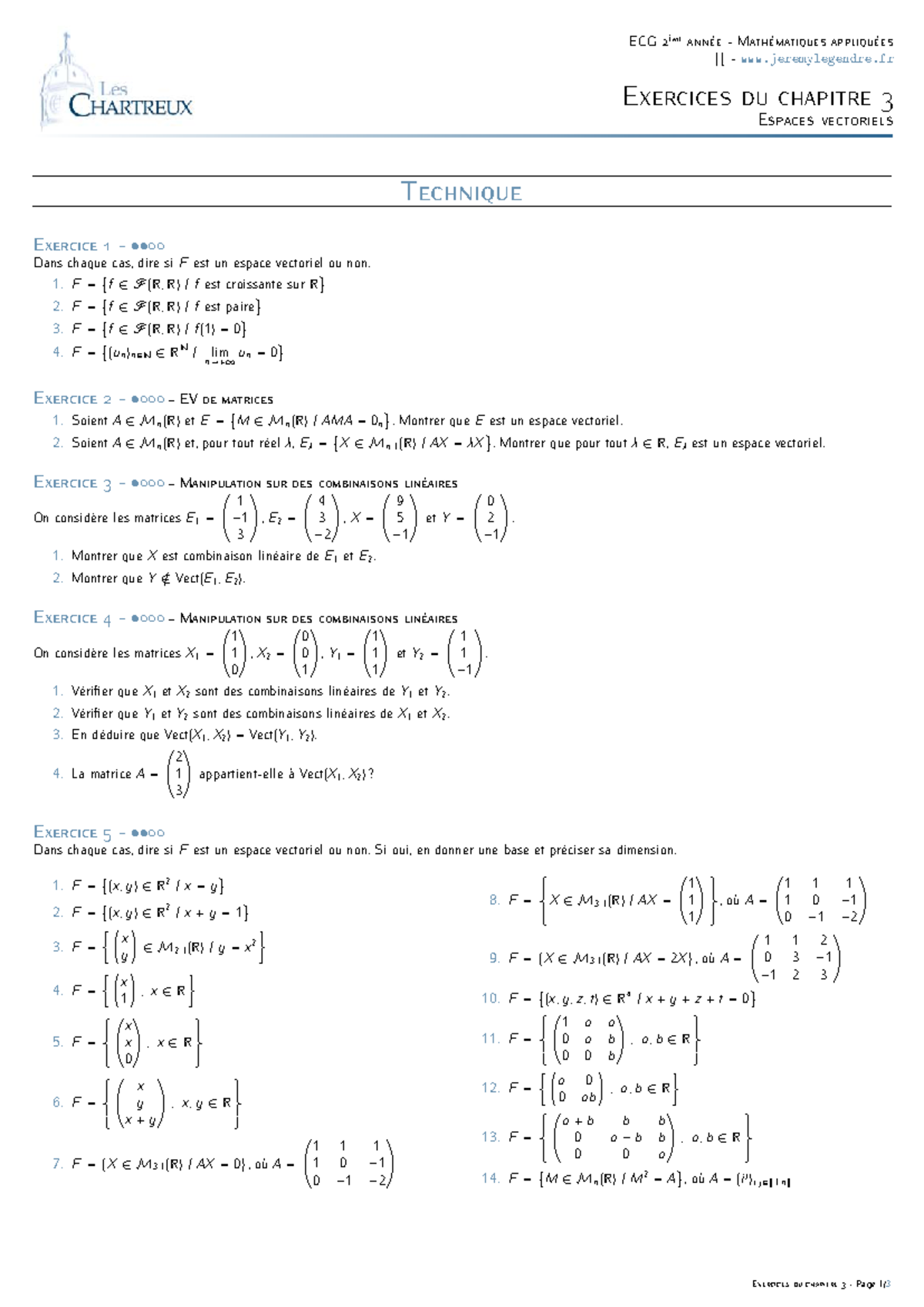 ECG 2ème année Mathématiques appliquées - Chapitre 3 : Exercices sur ...