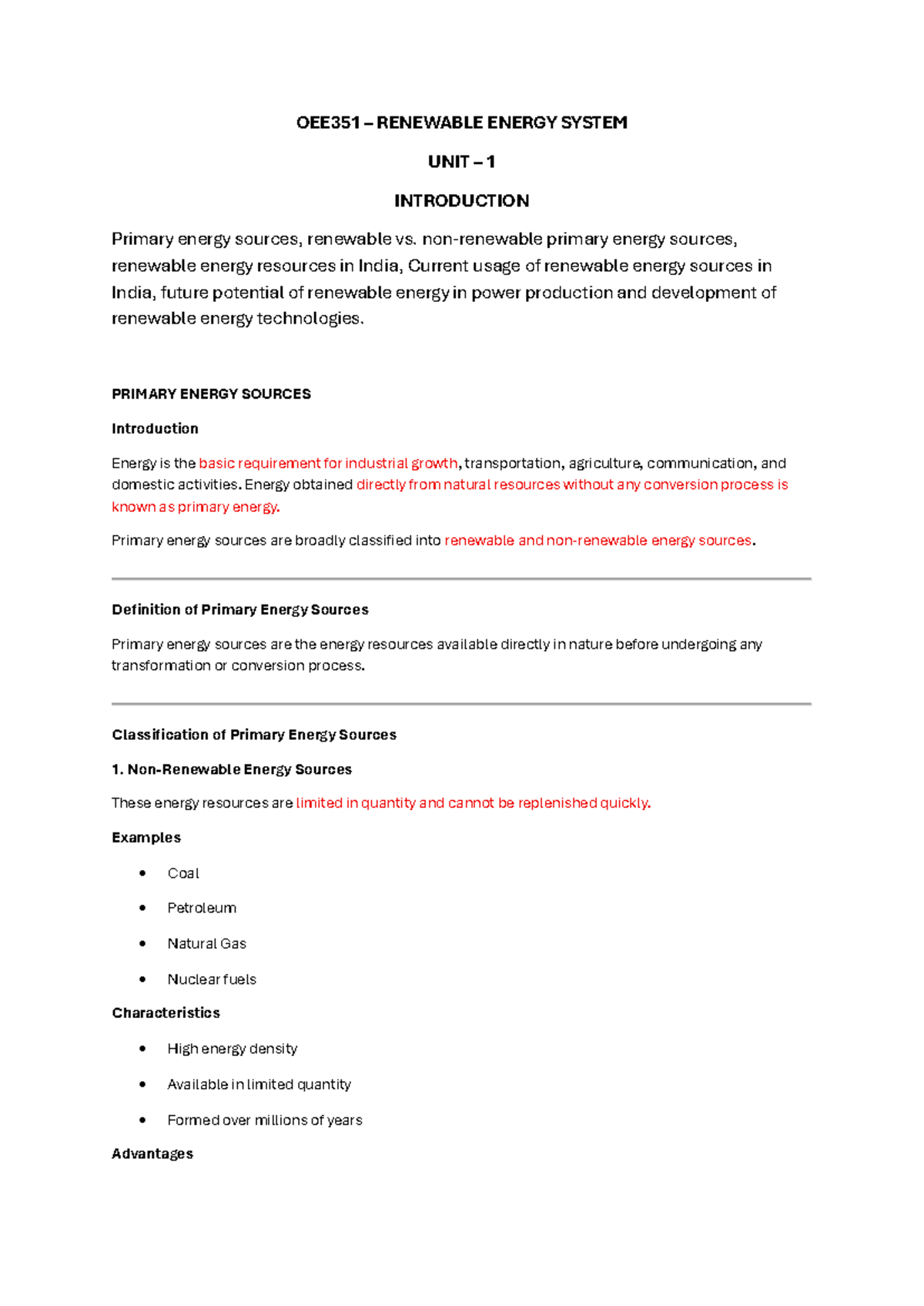 OEE351 RENEWABLE ENERGY SYSTEMS UNIT 1 NOTES: INTRODUCTION & RESOURCES ...