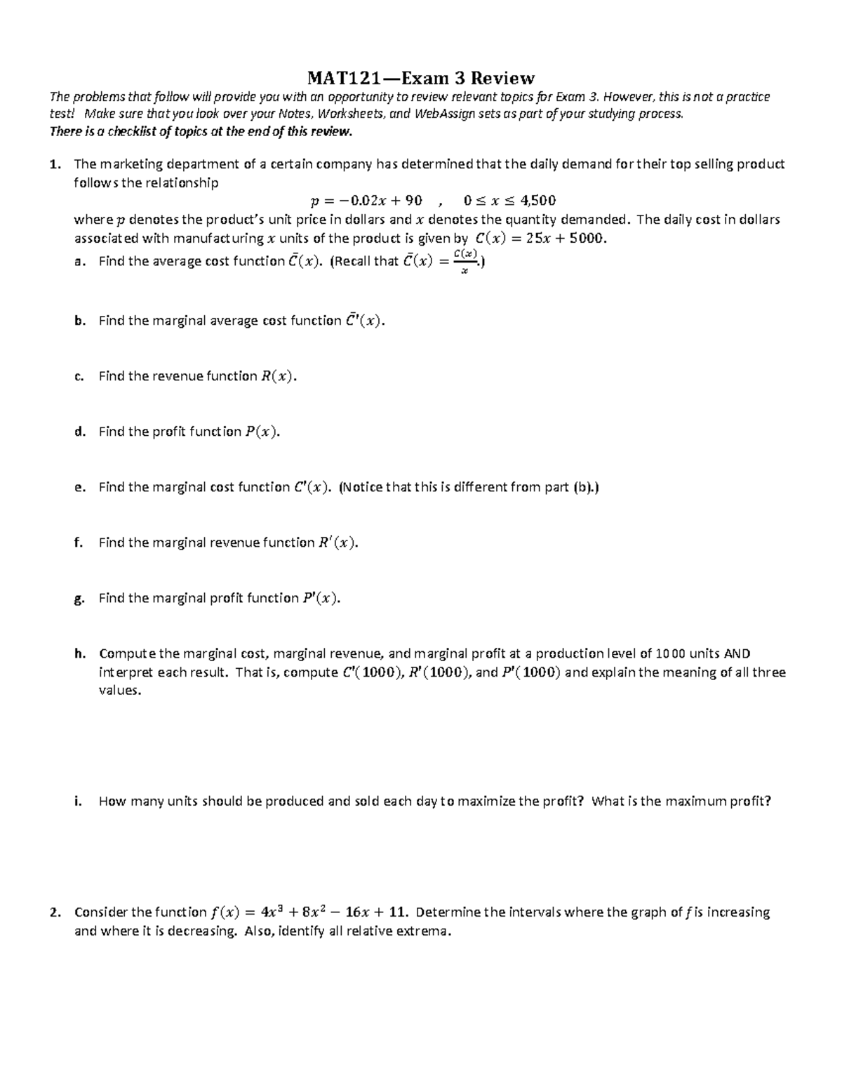 MAT121 - Exam 3 Review: Key Concepts and Problem Set - Studocu