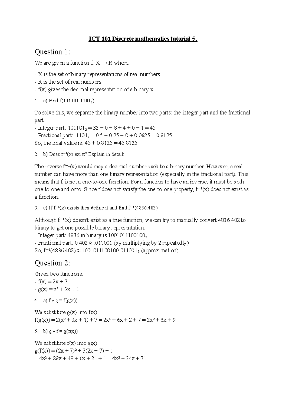 ICT 101 Discrete Mathematics Tutorial 5 Solutions and Explanations ...
