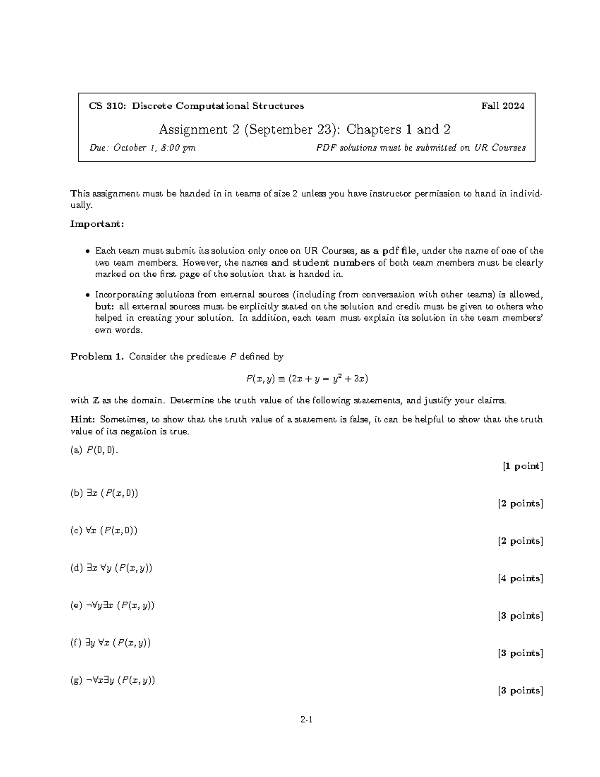 CS 310: Discrete Computational Structures Fall 2024 Assignment 2 ...