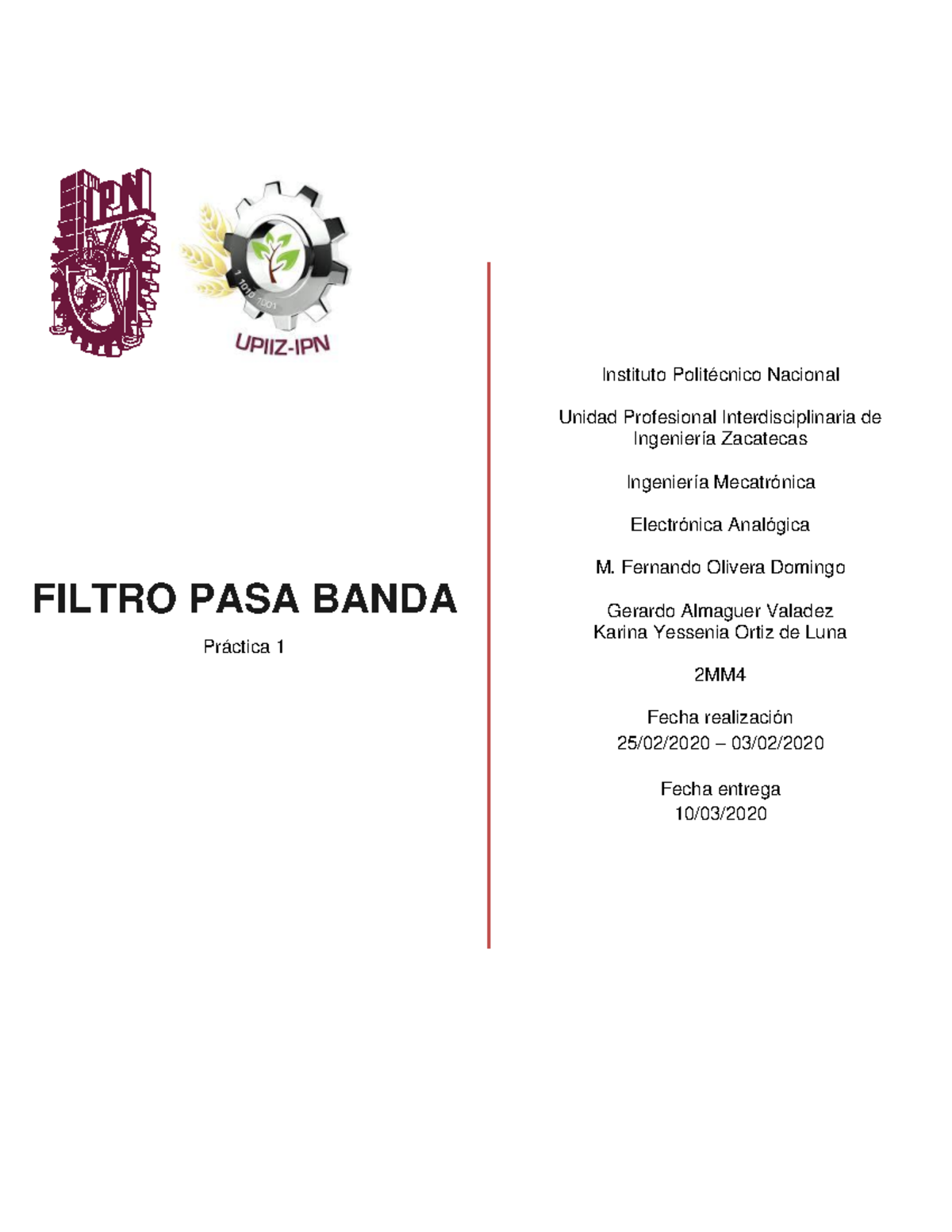 Filtro Pasa Banda - Reporte 1 Práctica 2MM de Electrónica Analógica - Document Preview