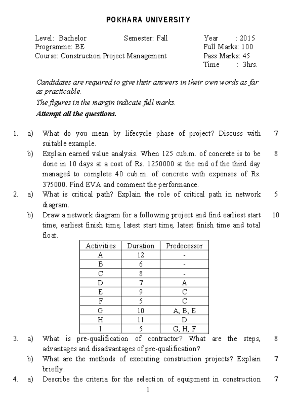 Construction Project Management (BE Fall 2015) Exam Guidelines & Topics ...