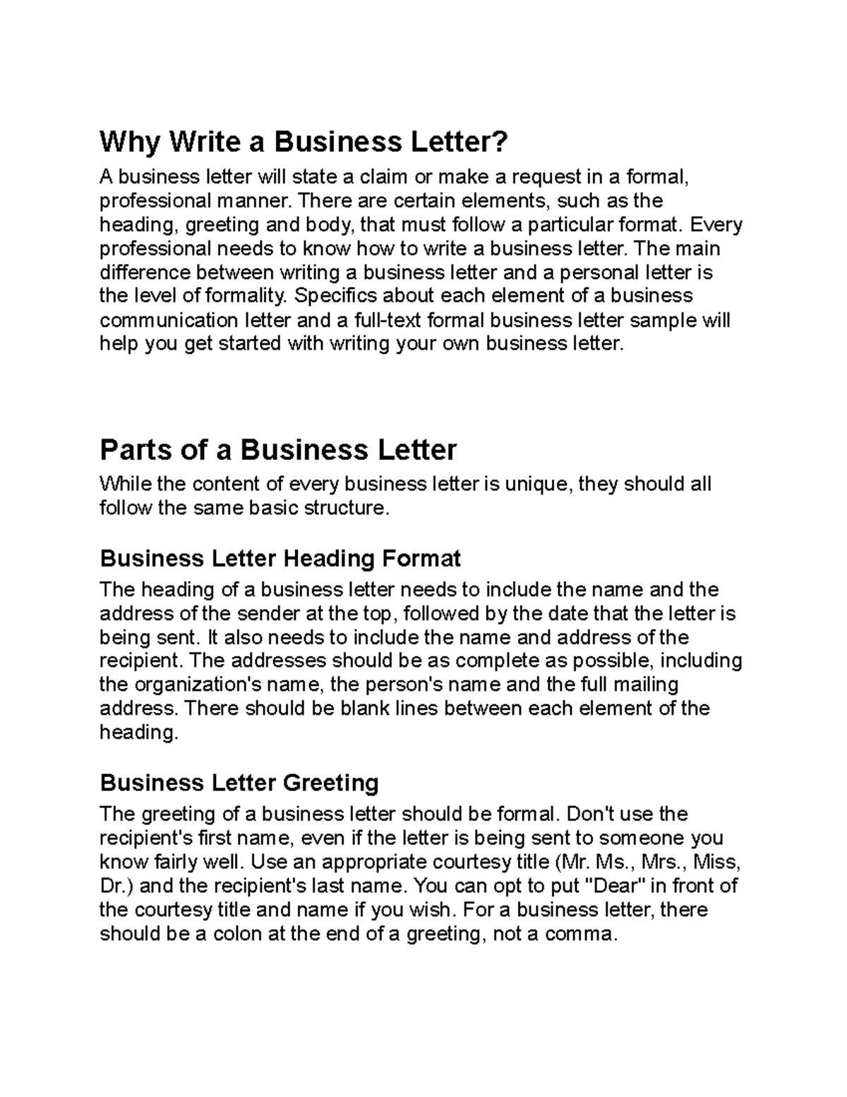 Why Write a Business Letter - There are certain elements, such as the ...