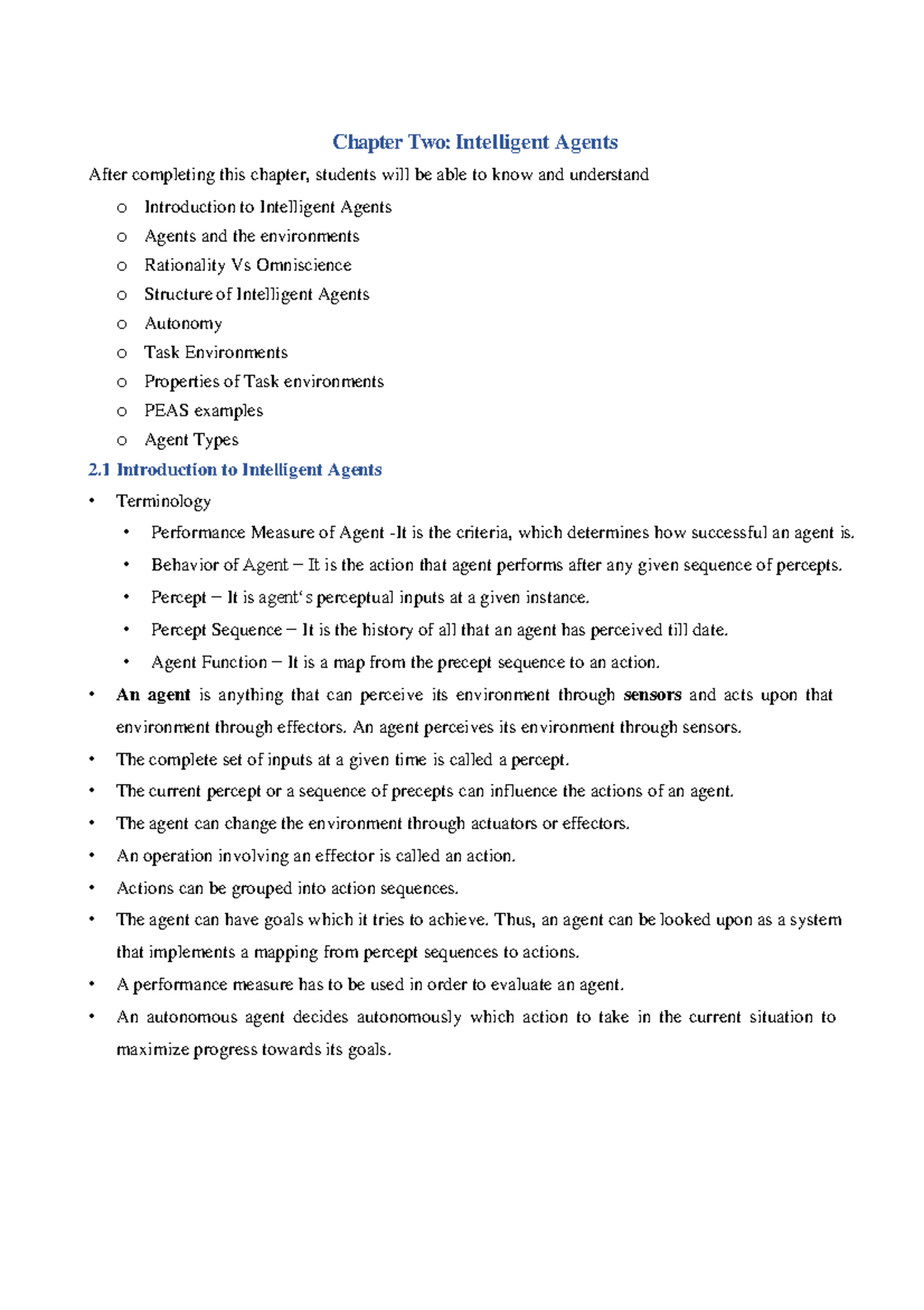 Chapter 2 Intelligent Agent - Chapter Two: Intelligent Agents After ...