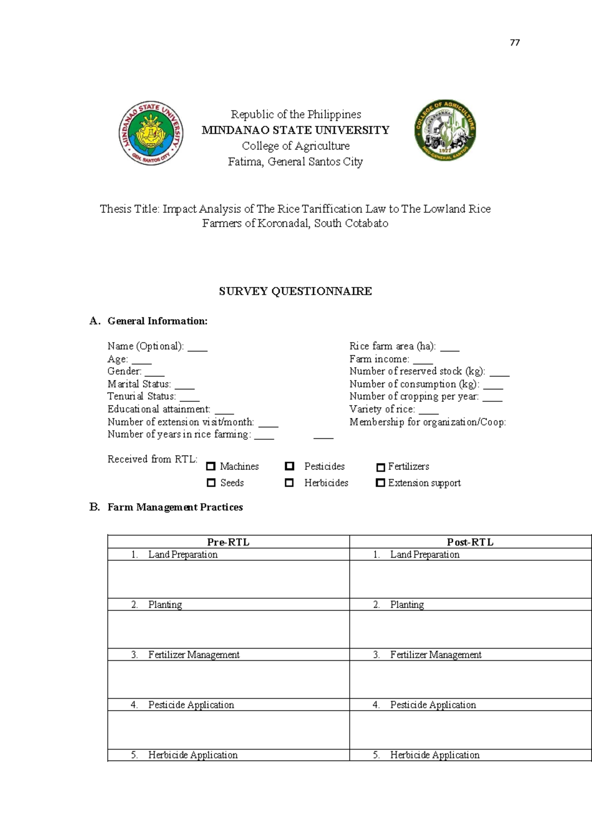 Impact Analysis of Rice Tariffication Law: Survey Questionnaire (Thesis ...