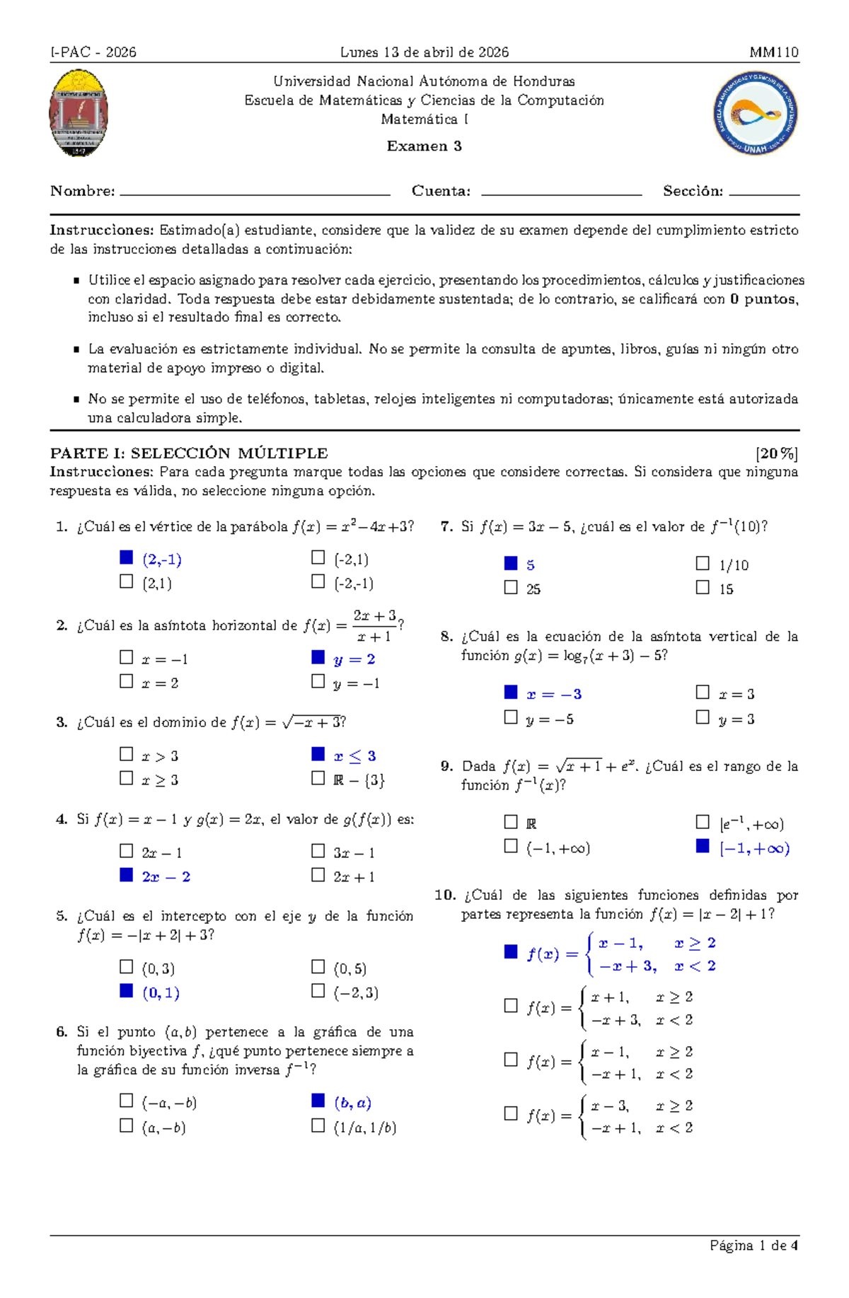 MM110 - Examen 3 de Matemática I - 2026-III - Pauta - Document Preview
