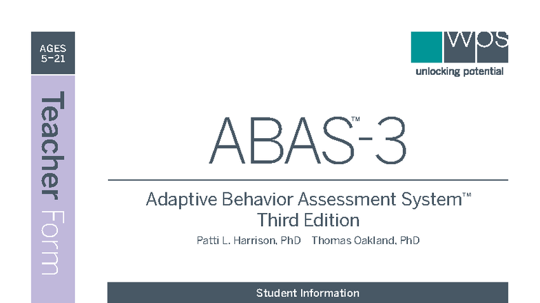 ABAS 3 Teacher Form for Ages 5-21: Adaptive Behavior Assessment - Studocu