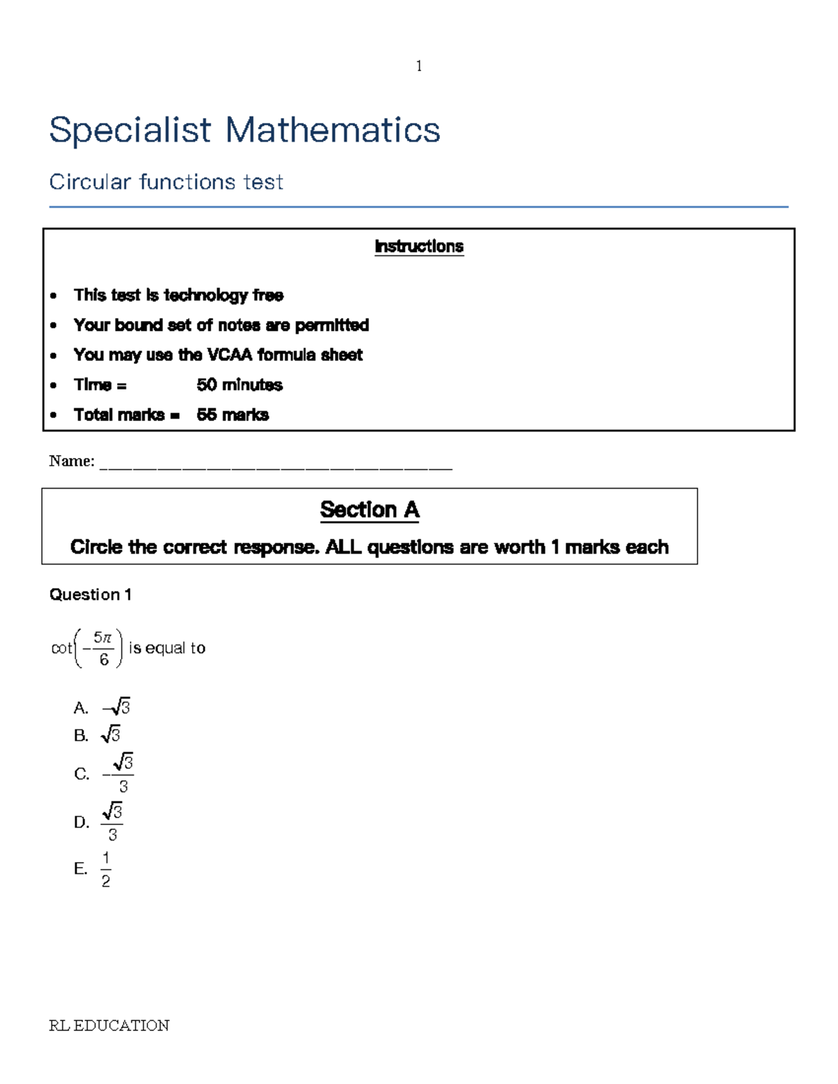 Specialist Mathematics Circular Functions Test Instructions (50 min ...