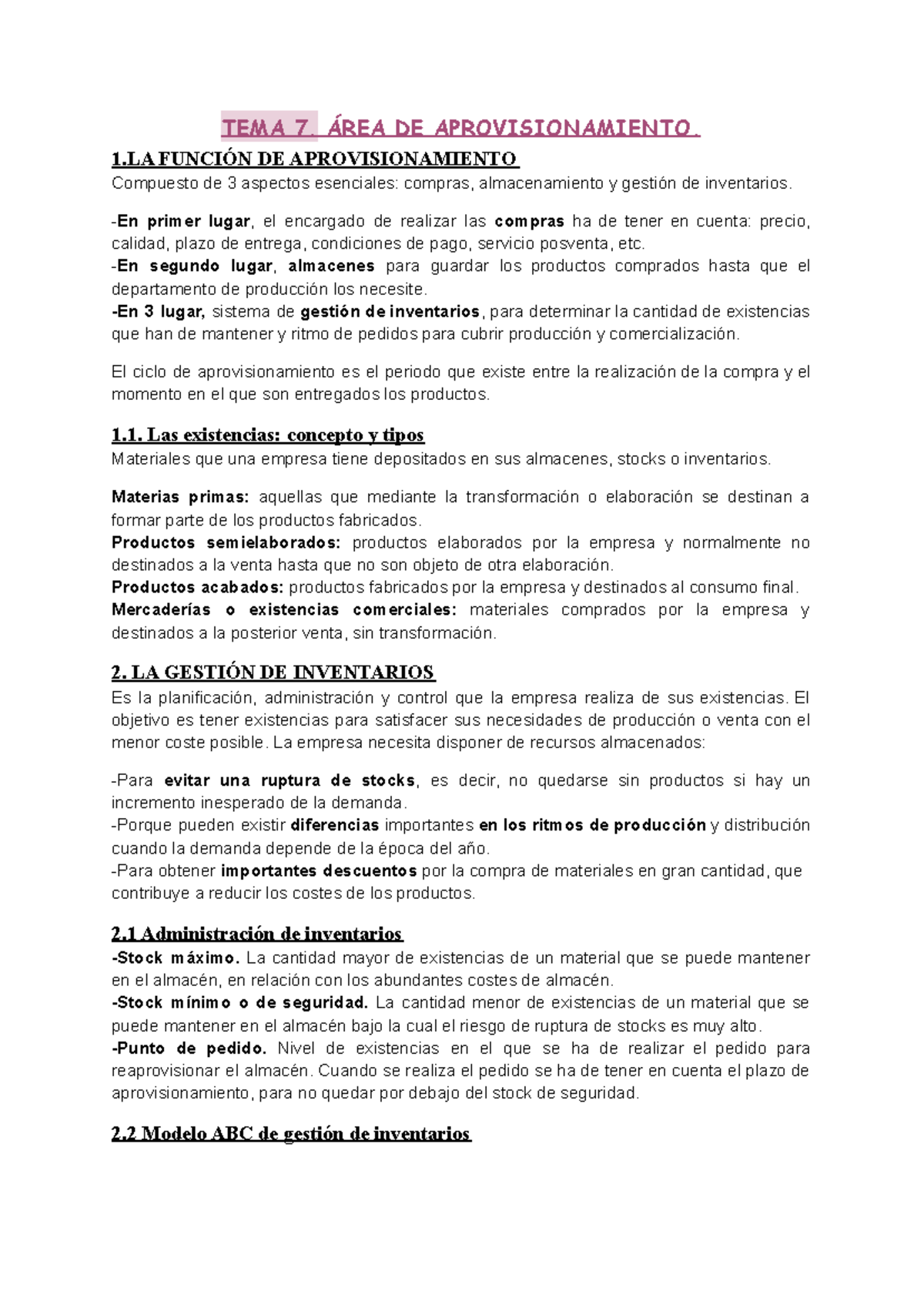 TEMA 7: APROVISIONAMIENTO Y GESTIÓN DE INVENTARIOS EN EMPRESAS - Studocu