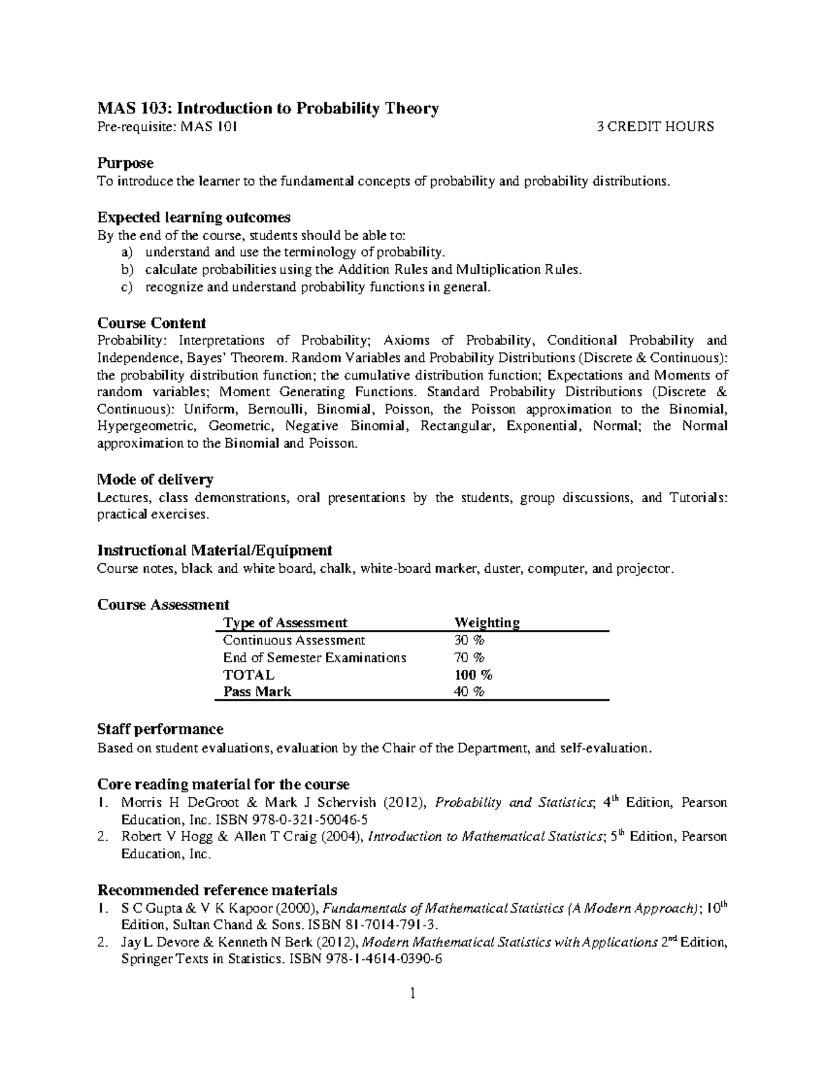 MAS 103: Introduction to Probability Theory Course Overview and ...