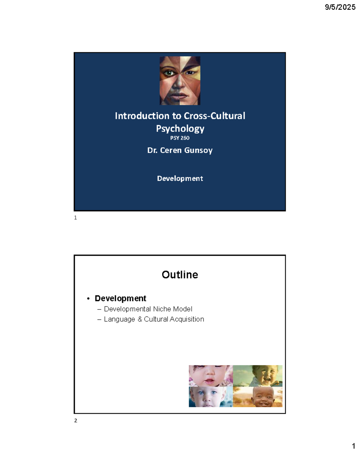 Cultural Psychology PSY 260: Developmental Niche & Language Acquisition ...