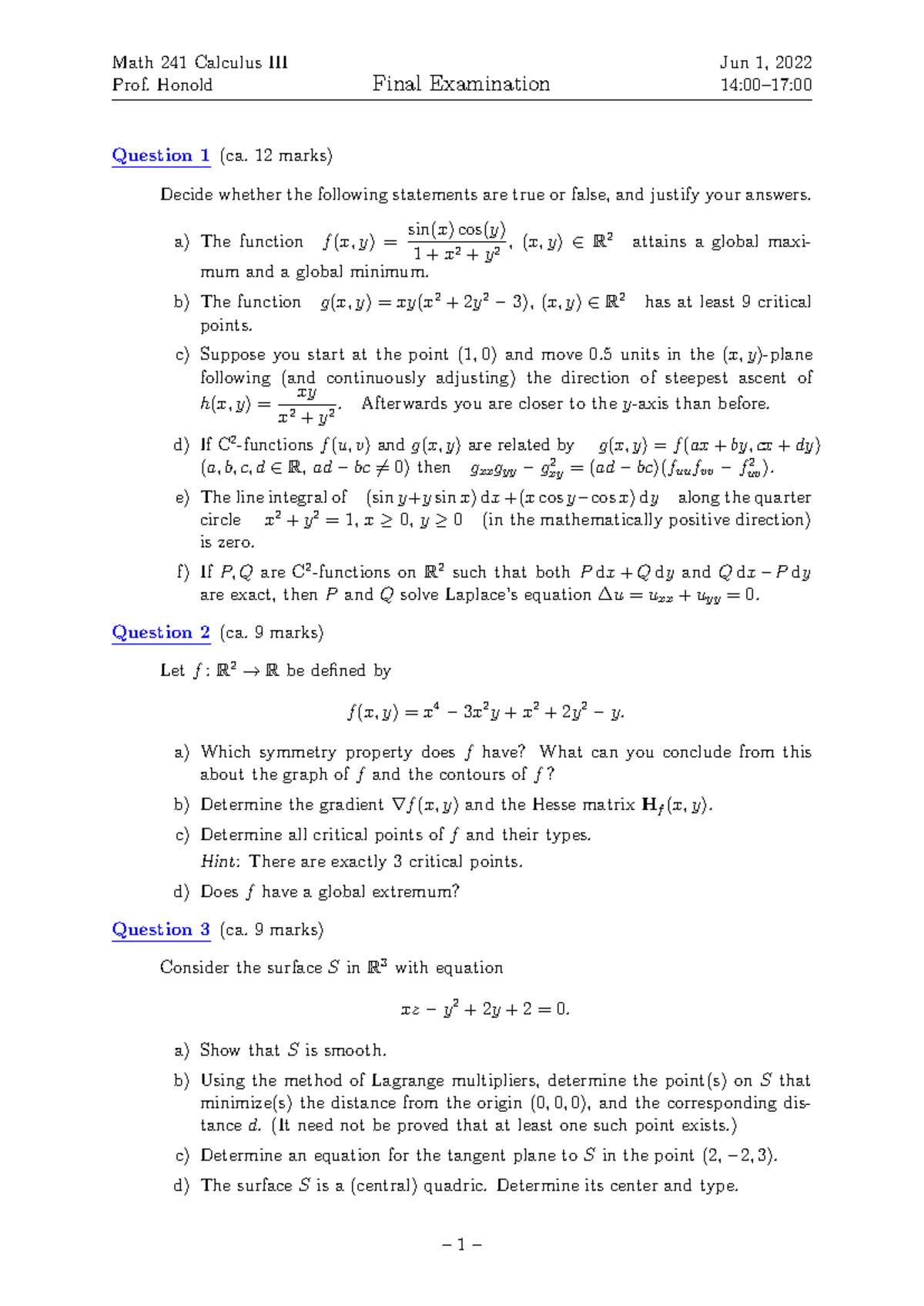 Math 241 Calculus Final Exam Questions by Prof. Honold (Jun 2022) - Studocu