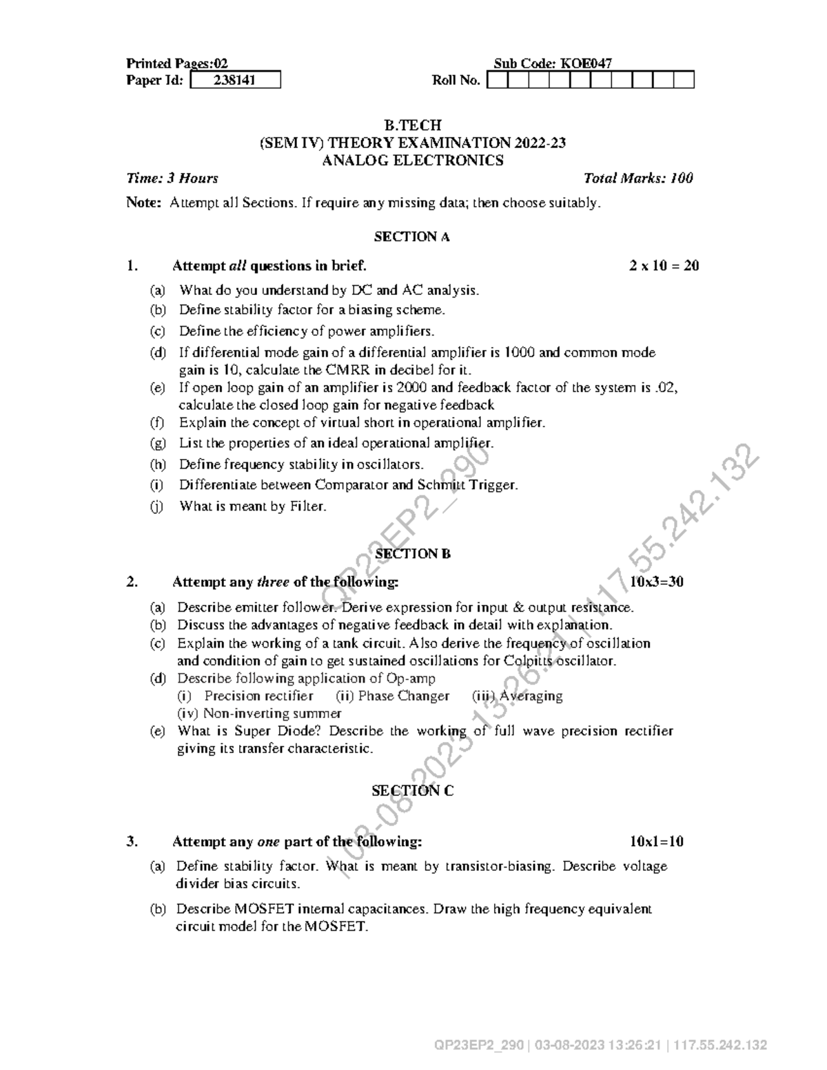 BTech 4th Sem Analog Electronics Exam KOE 047 2023 QP & Solutions - Studocu