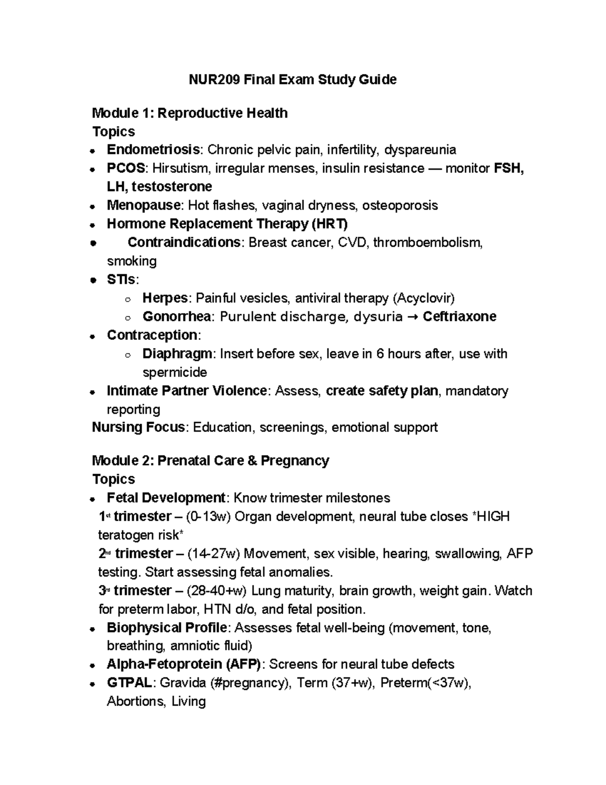 NUR209 Final Exam Study Guide: Reproductive Health & Prenatal Care ...