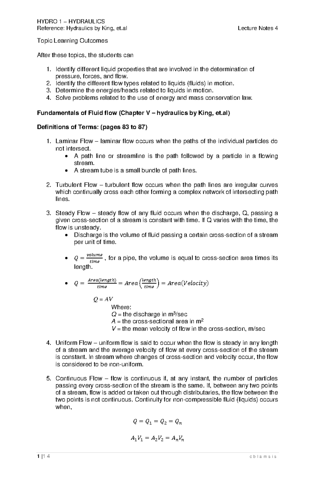 HYDRO 1 - Lecture Notes 4: Fluid Dynamics & Energy Concepts - Studocu