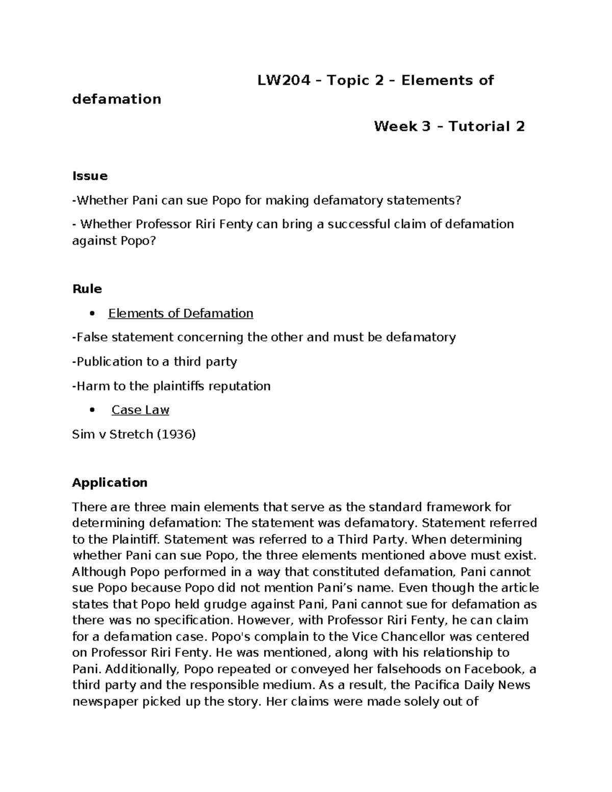 LW204 – Topic 2 – Week 3 – Defamation Elements and Case Analysis - Studocu