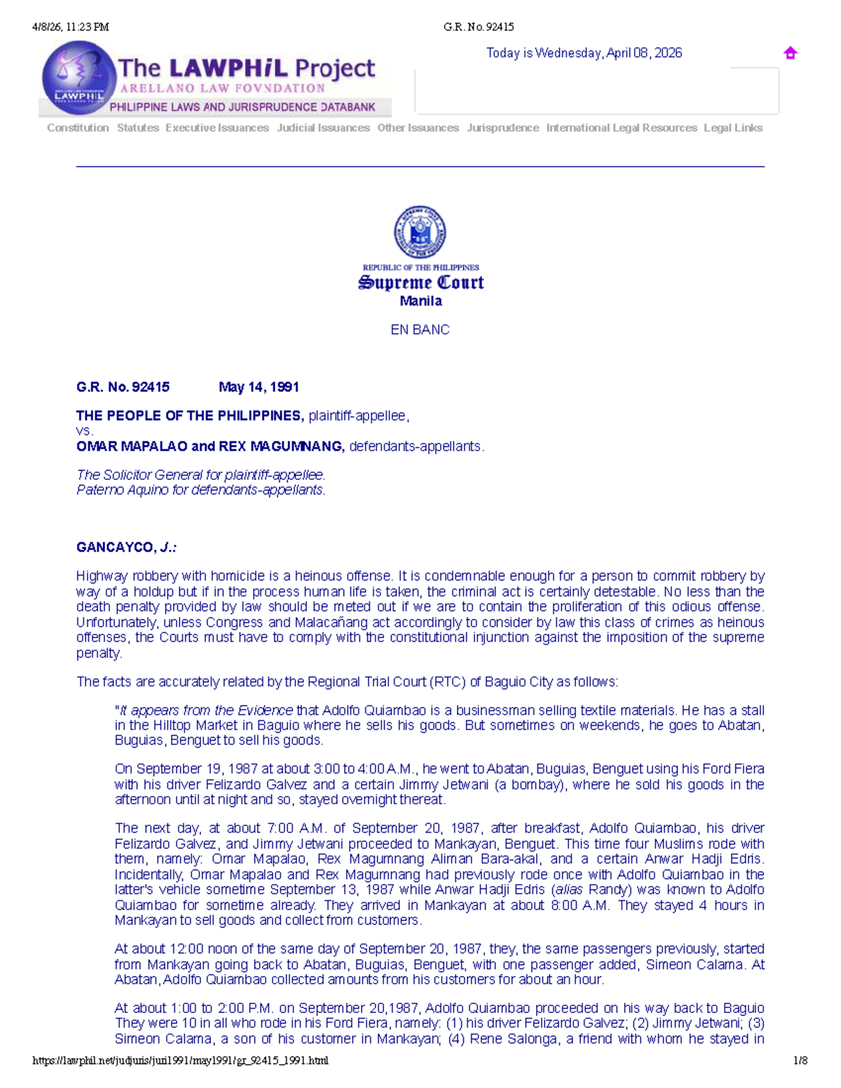 Mapalao Case Study: G.R. No. 92415 - Highway Robbery with Homicide ...