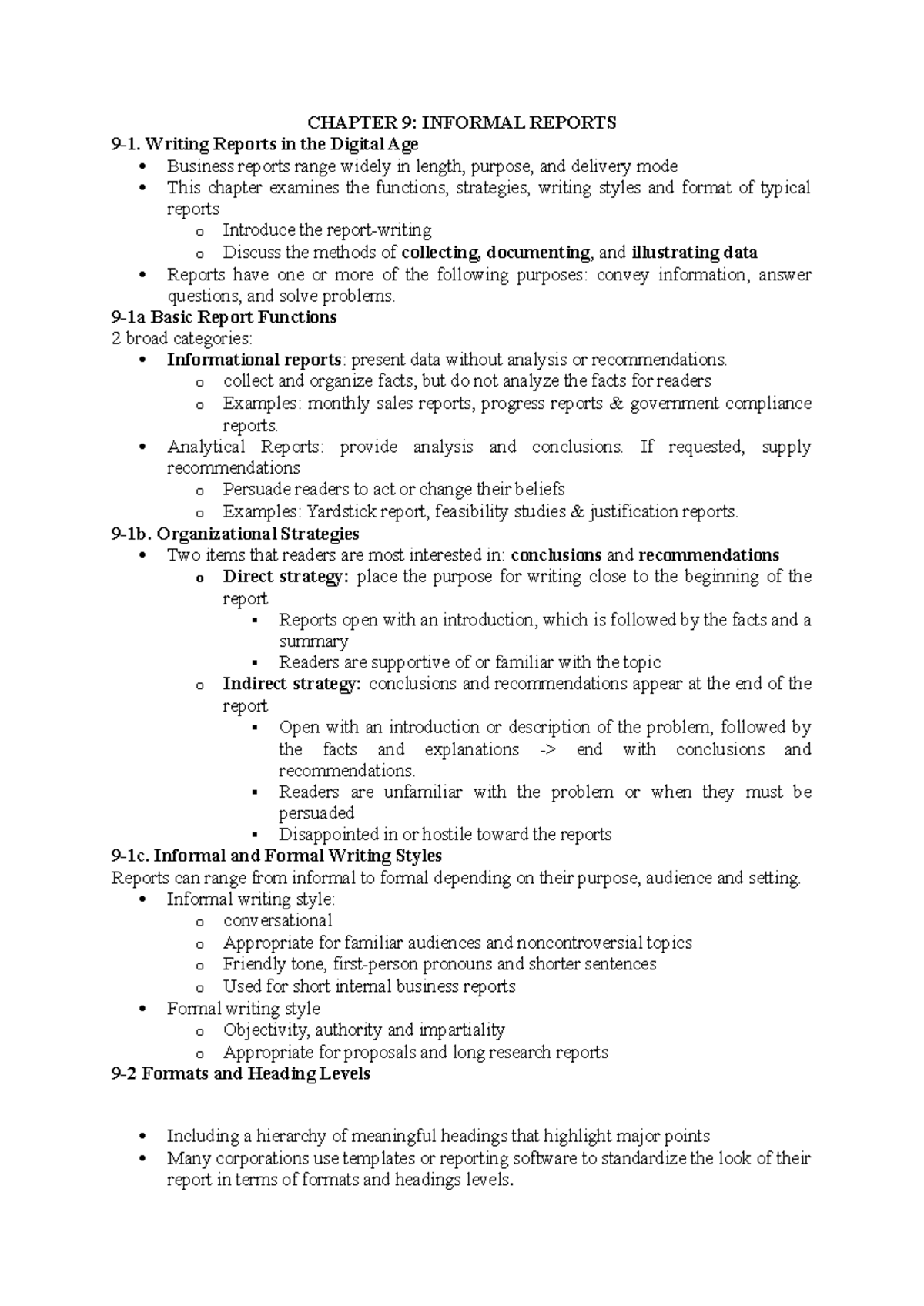 CHAPTER 9 SUMMARY: INFORMAL REPORTS IN BUSINESS REPORTING - Studocu