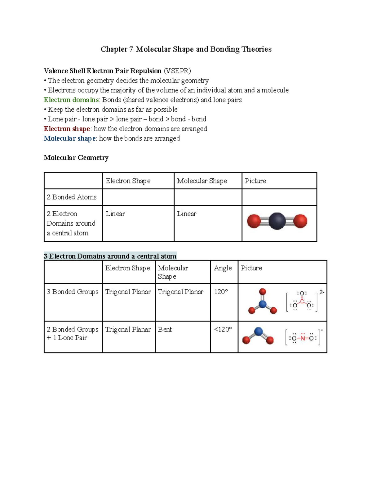CHEM 1081: Chapter 7 - Molecular Shape & Bonding Theories Notes - Studocu
