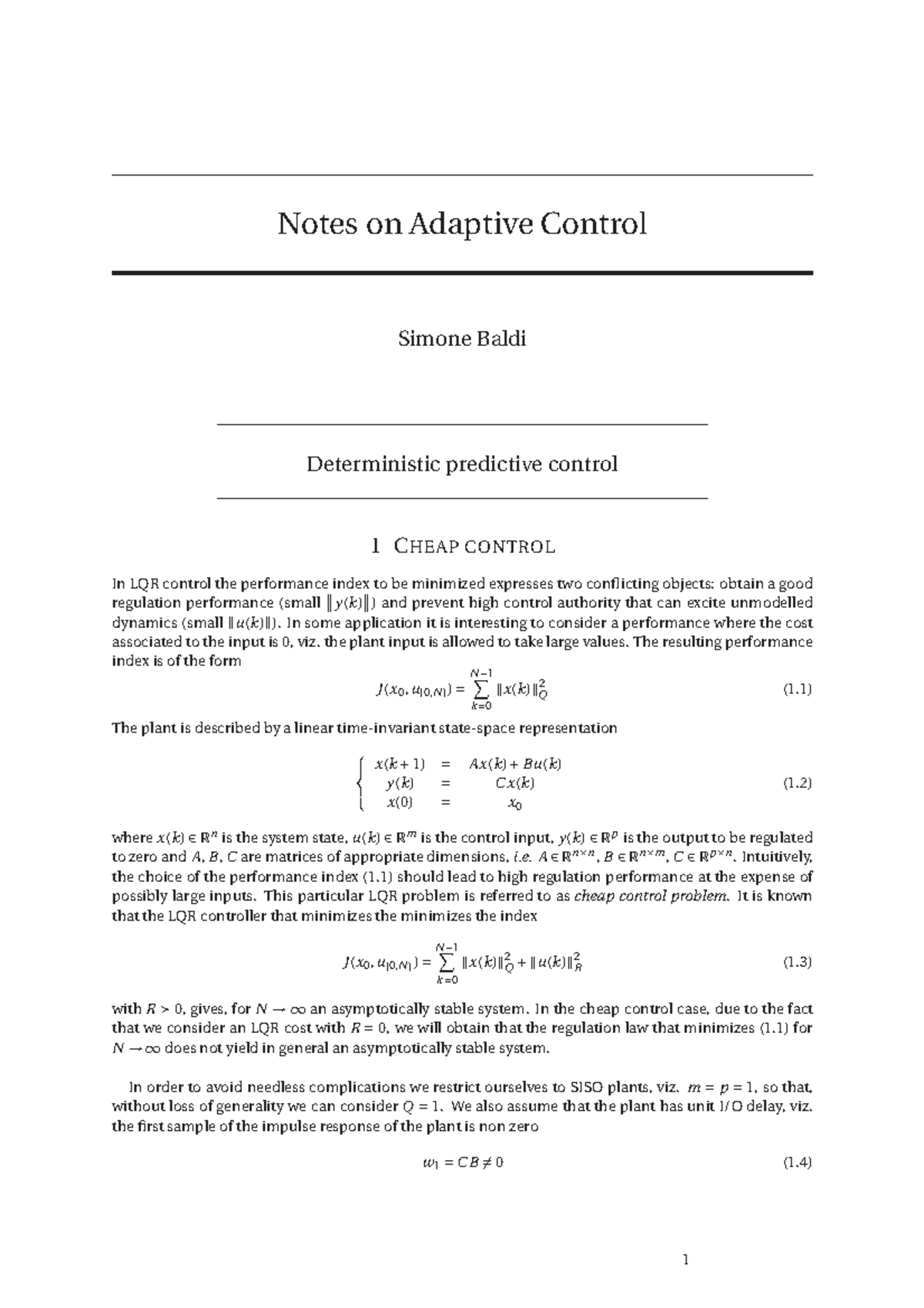 Lecture Notes, Model Predictive Control, Lectures 7-10: Adaptive ...