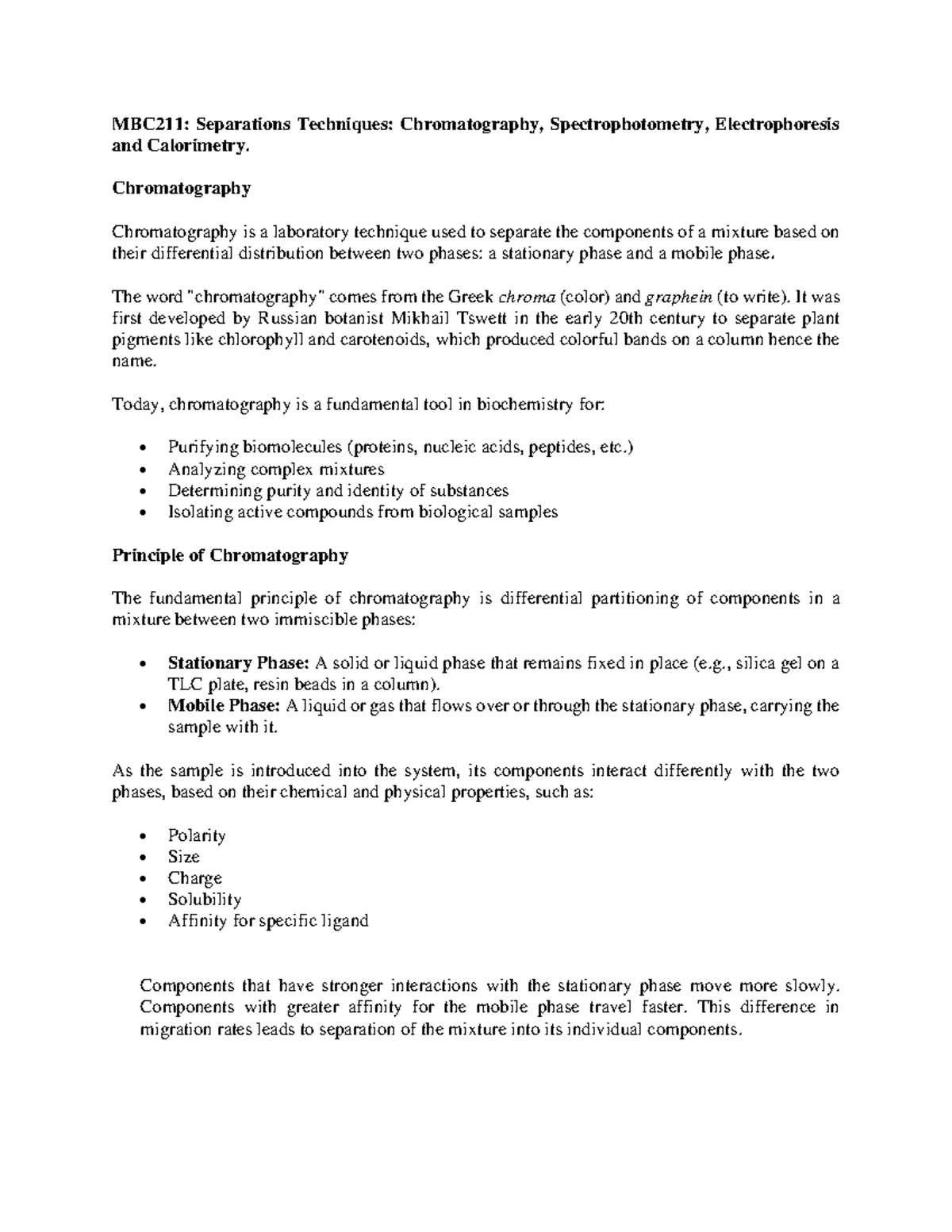 MBC211: Lecture Notes on Chromatography, Spectrophotometry ...