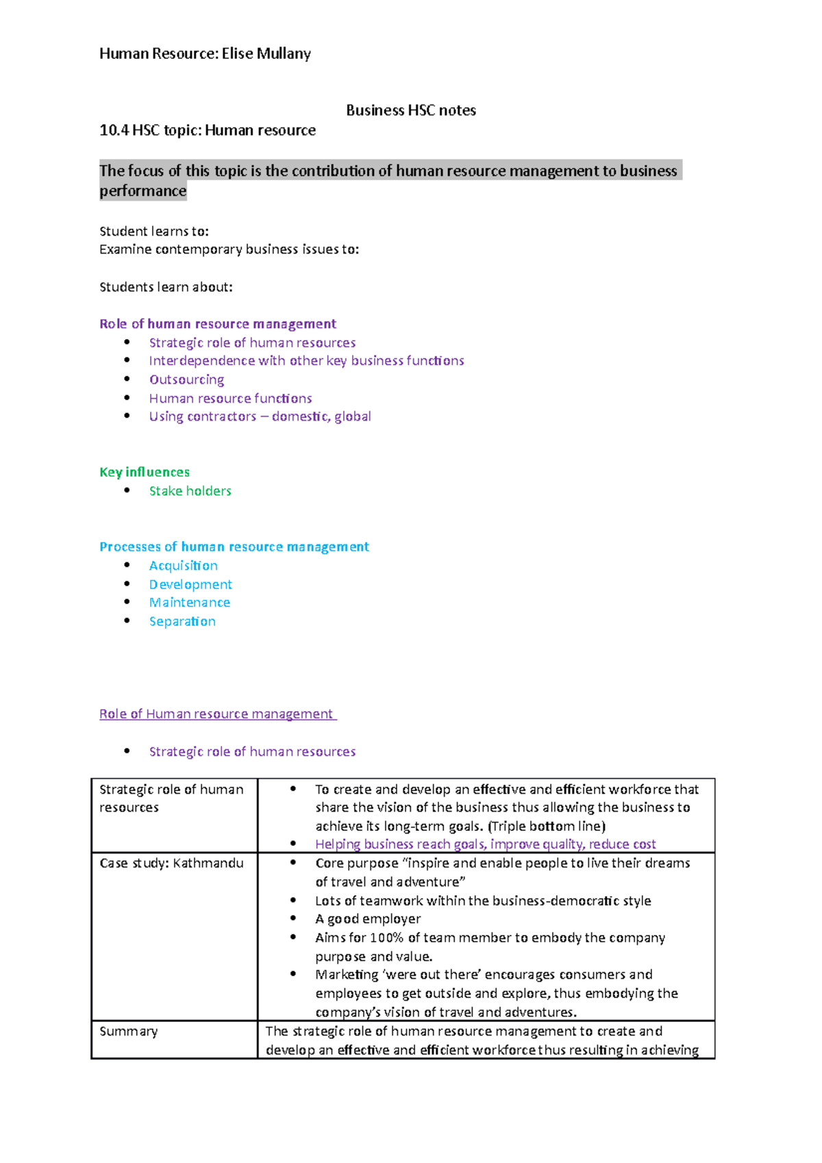 Business HSC Notes: Strategic Role of Human Resource Management - Studocu
