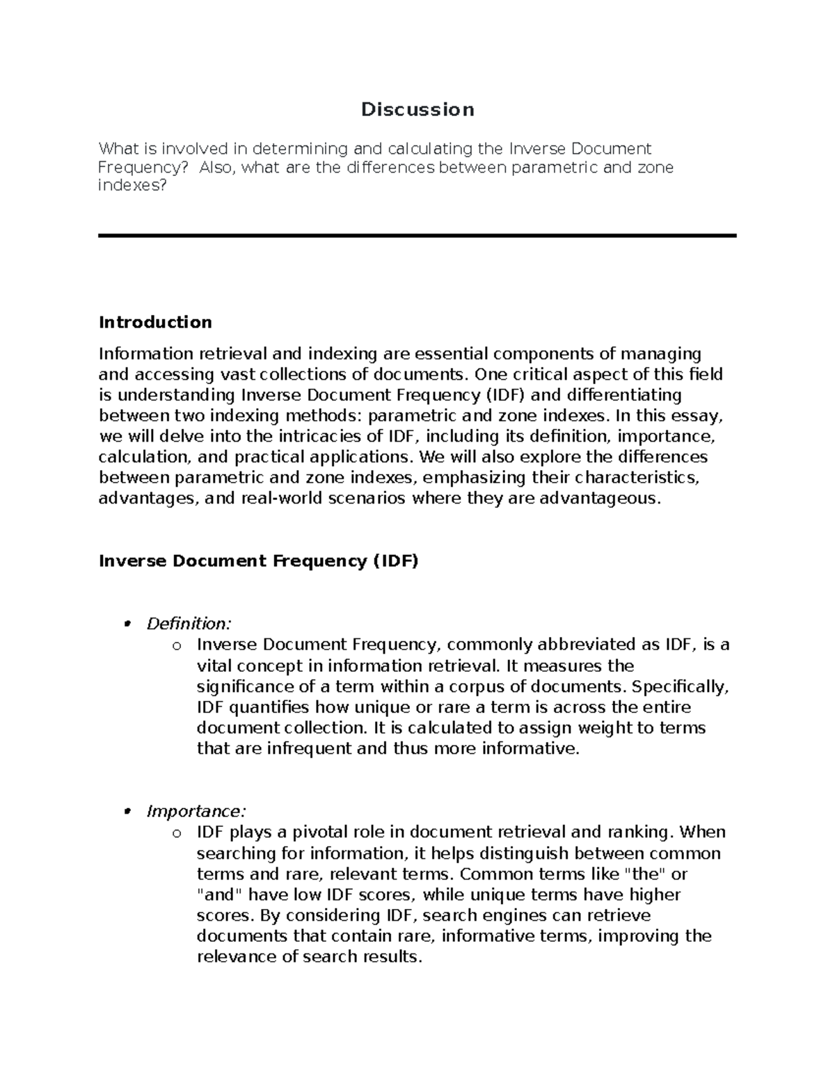 Unit 4 Discussion Assignment: Exploring IDF & Indexing Methods - Studocu