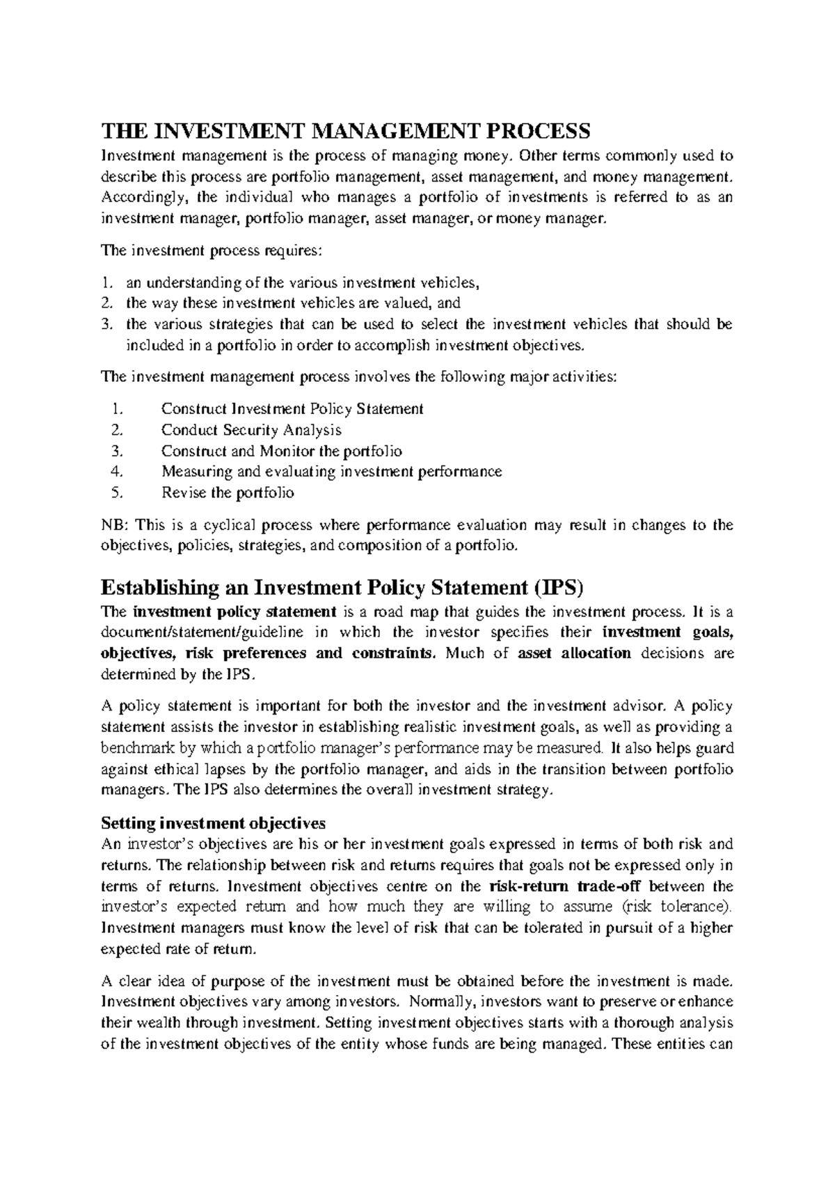 Investment Management Process Overview: Key Concepts & Strategies - Studocu