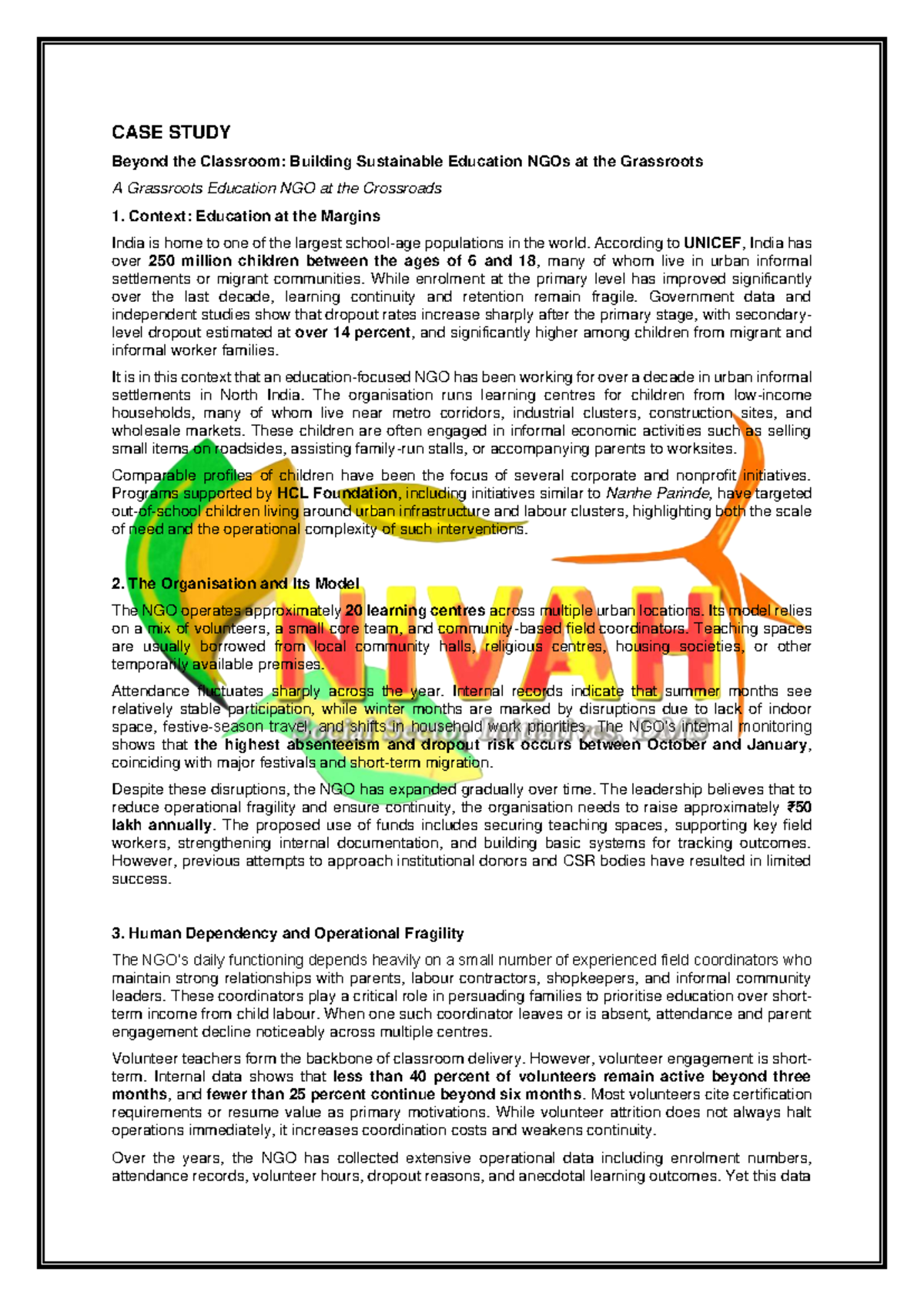 CASE STUDY Arohan: Building Sustainable Education NGOs in India - Studocu