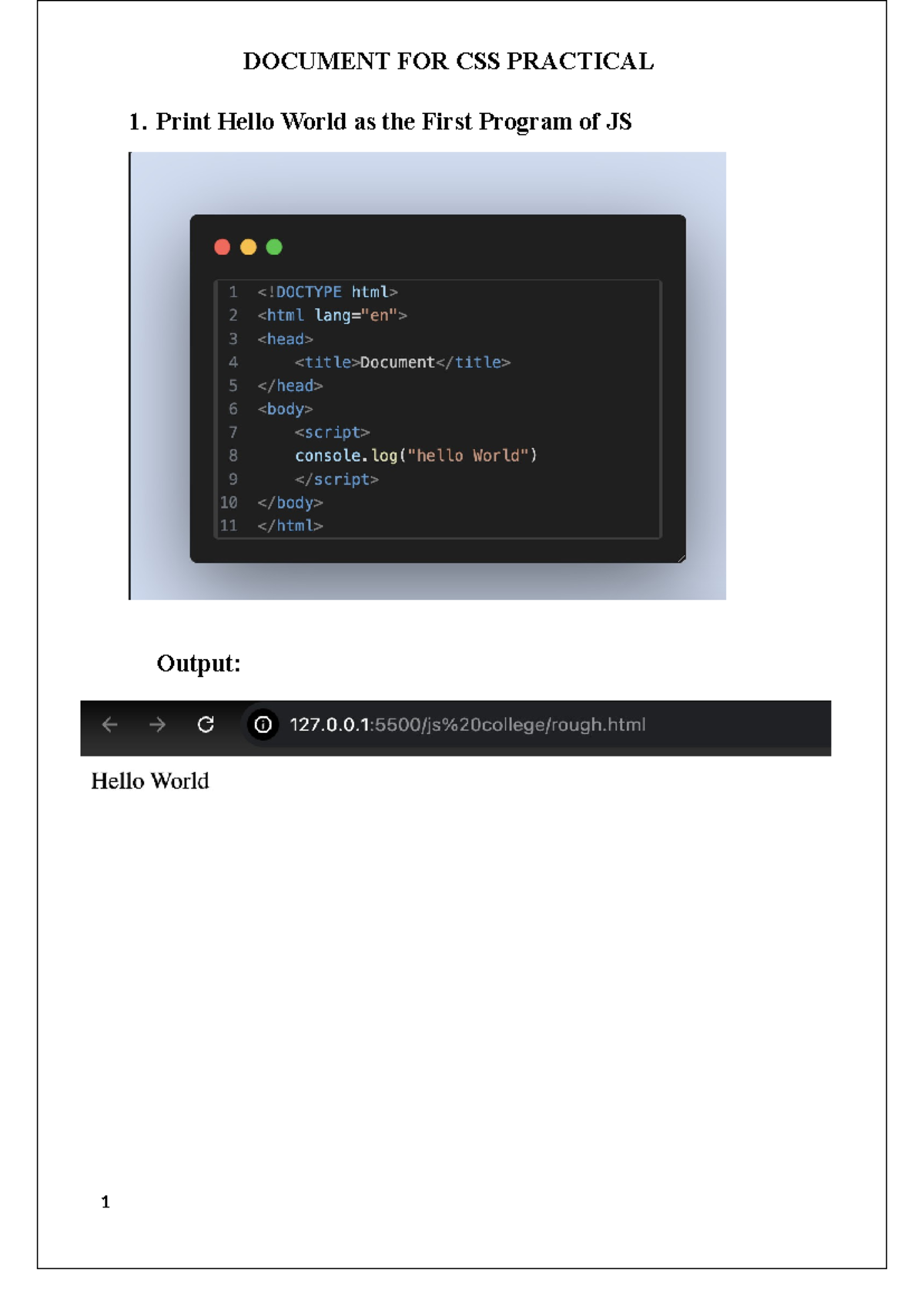 Css Practical - 1. Print Hello World as the First Program of JS Output ...