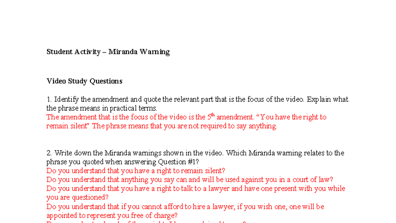 Student Activity - Miranda Warning Video Study Questions - Studocu