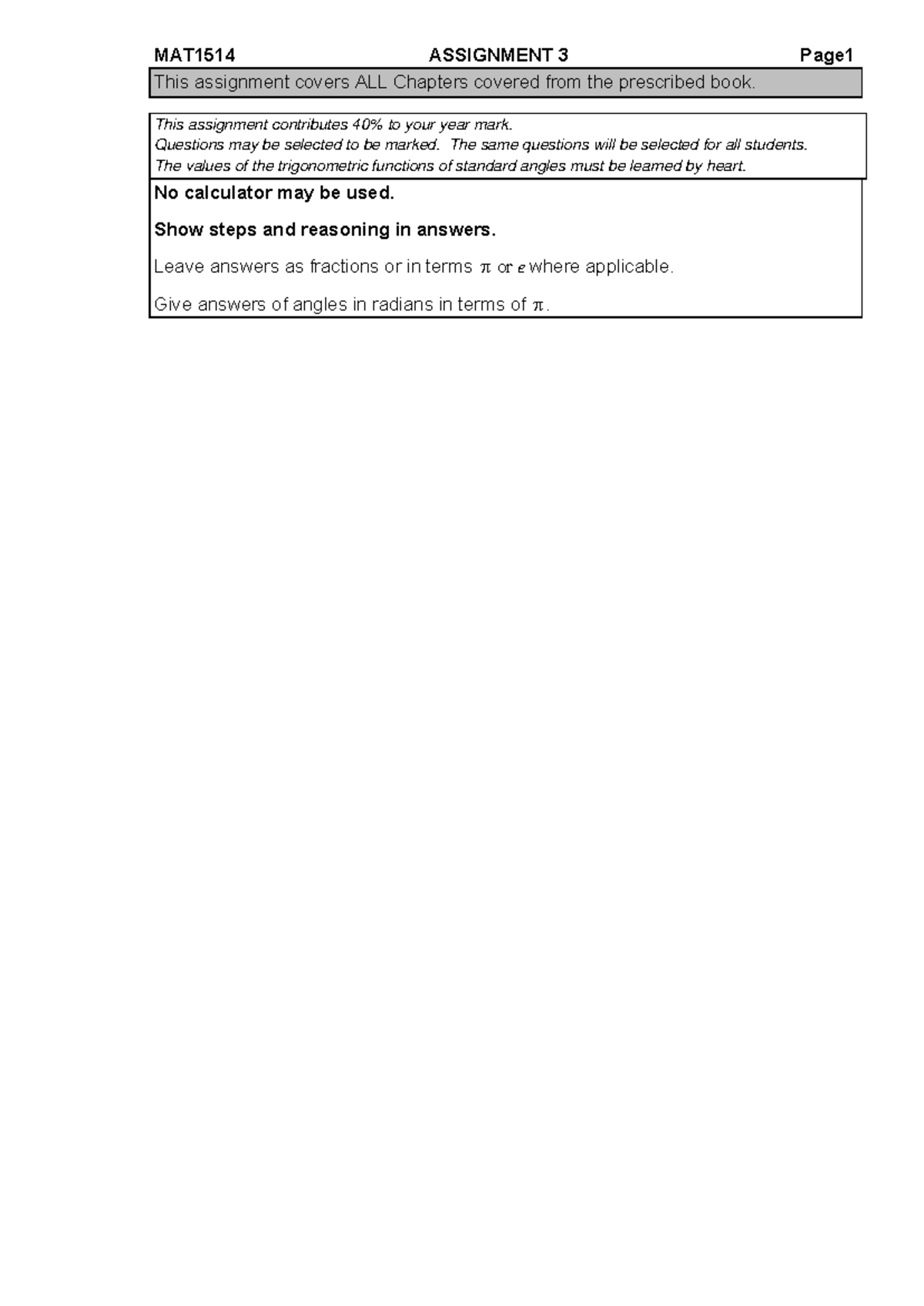 MAT1514 Assignment 3: Comprehensive Coverage of All Chapters - Studocu