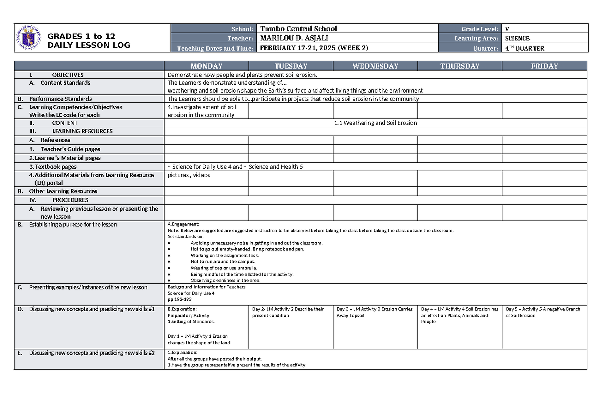 DLL Science 5 Q4 W2 - DLL - GRADES 1 to 12 DAILY LESSON LOG School ...