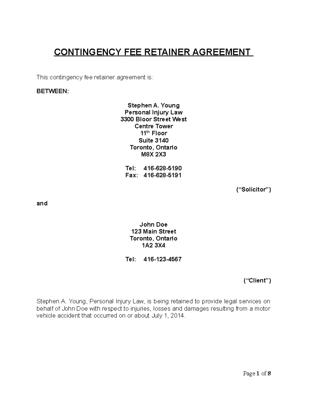 Contingency Fee Agreement Example for Personal Injury Cases - Studocu