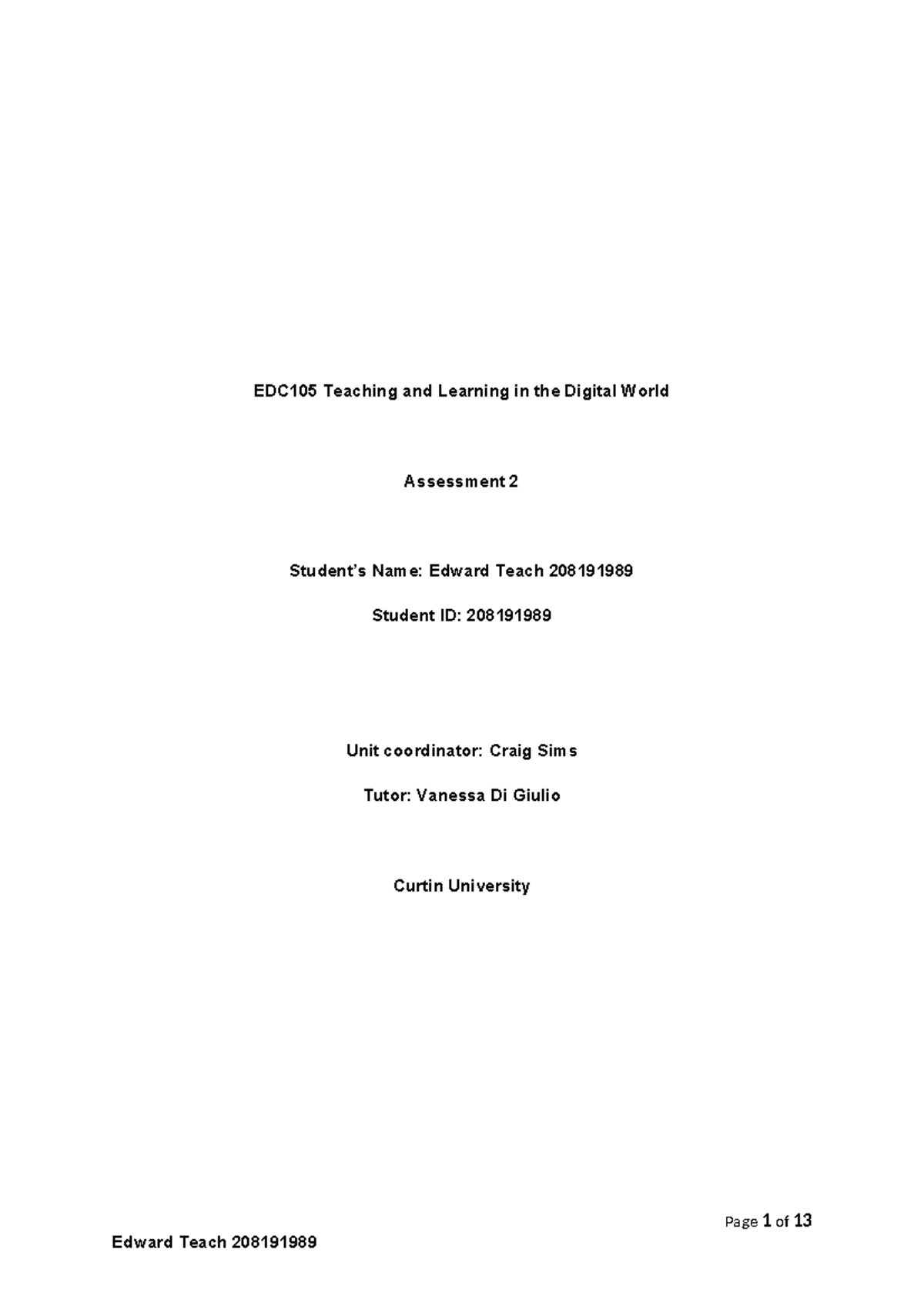EDC105 Assessment 2: Reflection on Teaching in the Digital Age - Studocu