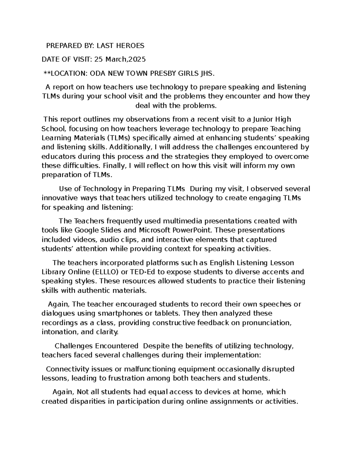 Using Technology for TLMs in Speaking & Listening: 524MEJH103 Report ...