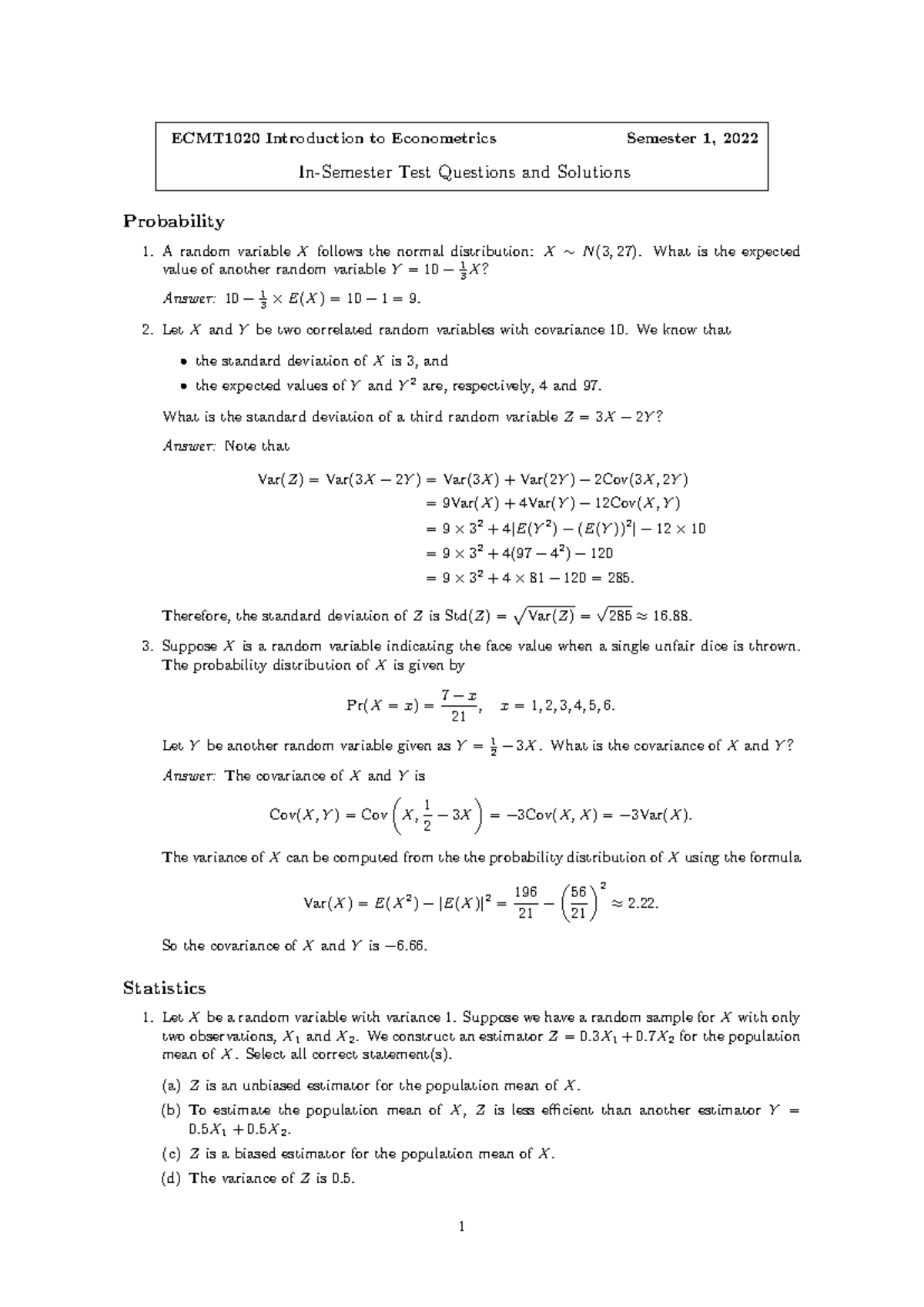 ECMT1020 2022S1 Midterm Exam Solutions on Econometrics - Studocu