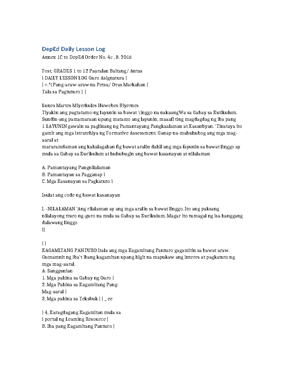 Daily Lesson Log - DepEd Daily Lesson Log Annex 1C to DepEd Order No ...