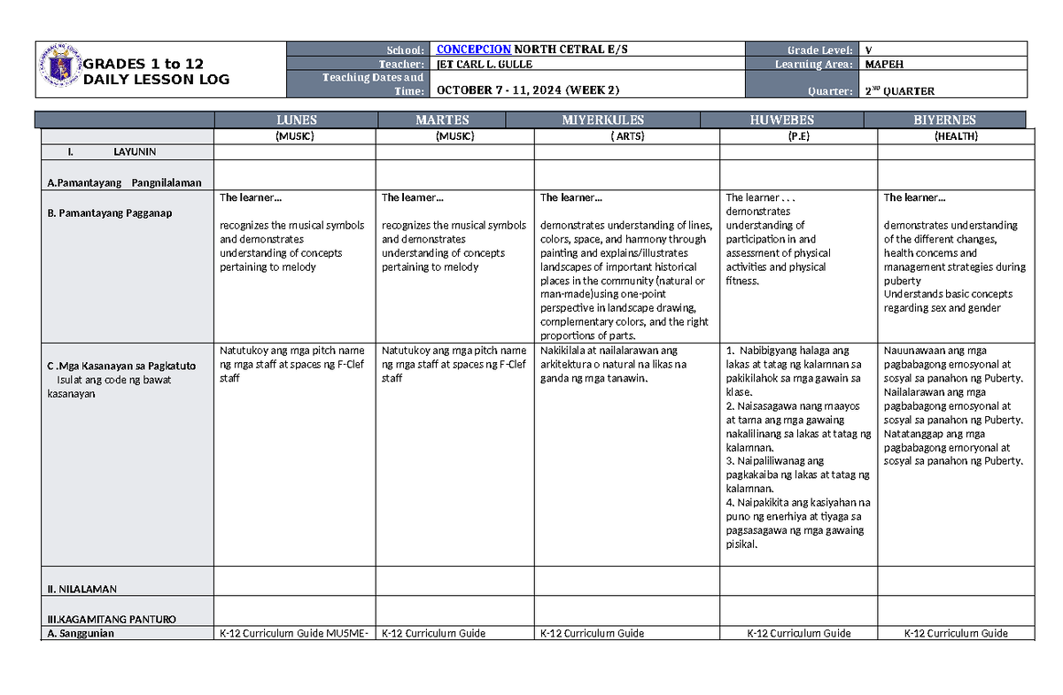 DLL Mapeh 5 Q2 W2 - Detailed Lesson Plan on Music, Arts & Health - Studocu