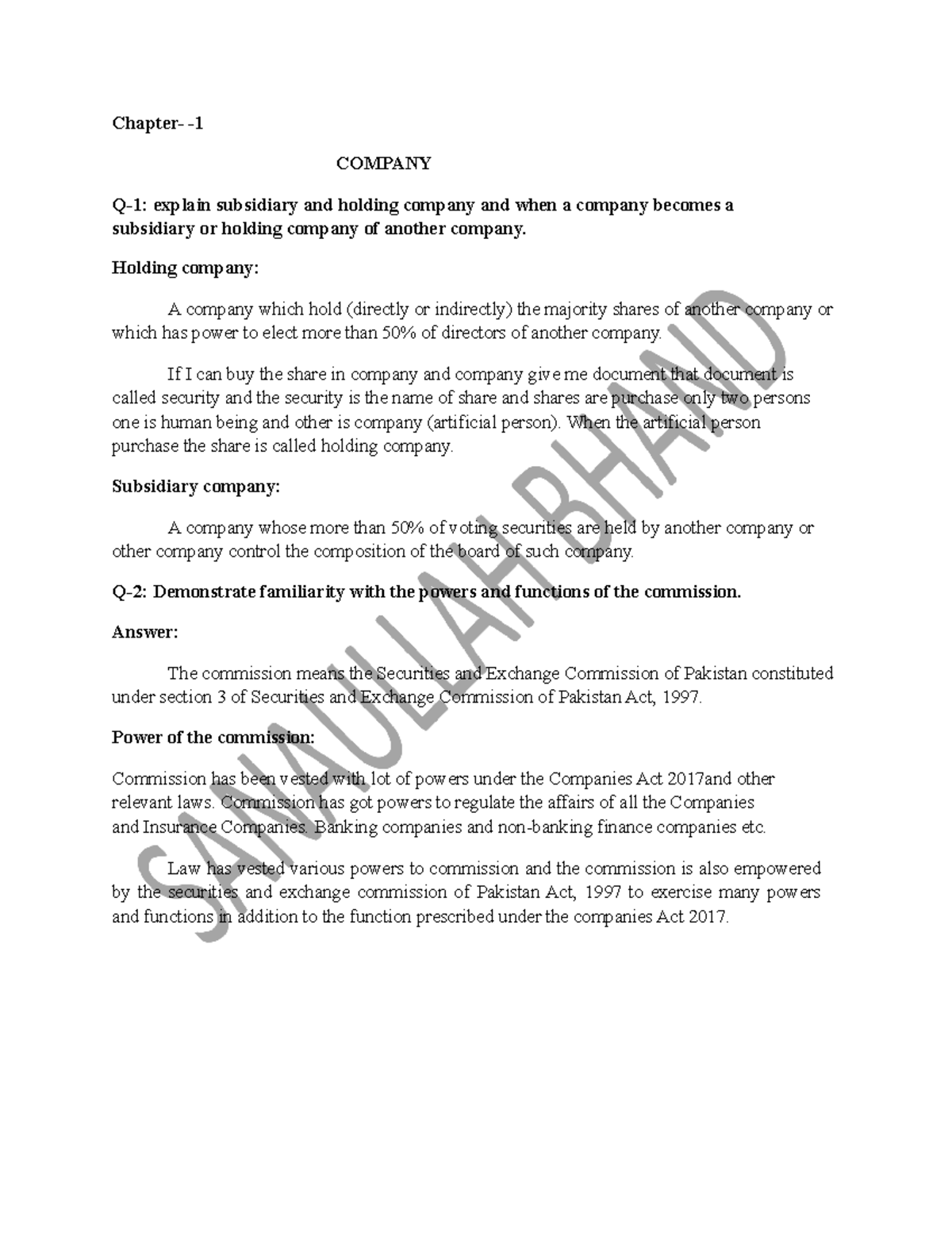 Company Law Notes: Understanding Holding & Subsidiary Companies - Studocu