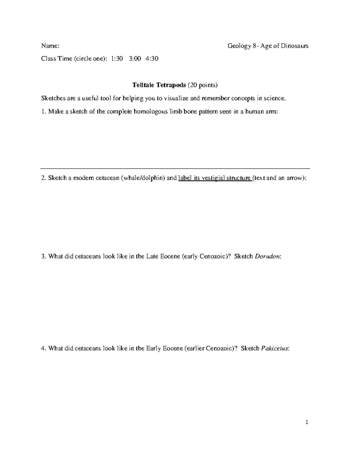 GEOL 008 - Worksheet 3: Exploring Telltale Tetrapods and Evolution ...