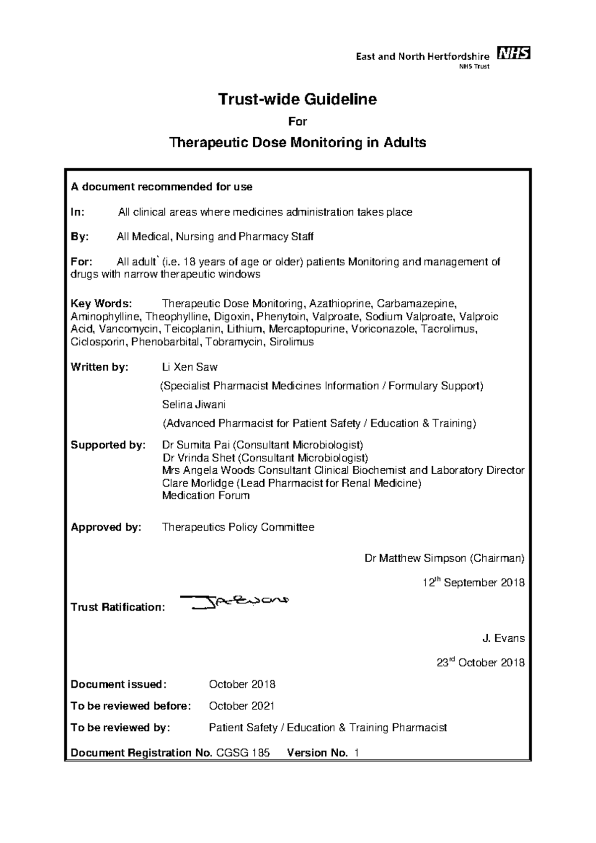 Guideline for Therapeutic Dose Monitoring in Adults (CGSG 185) - Studocu