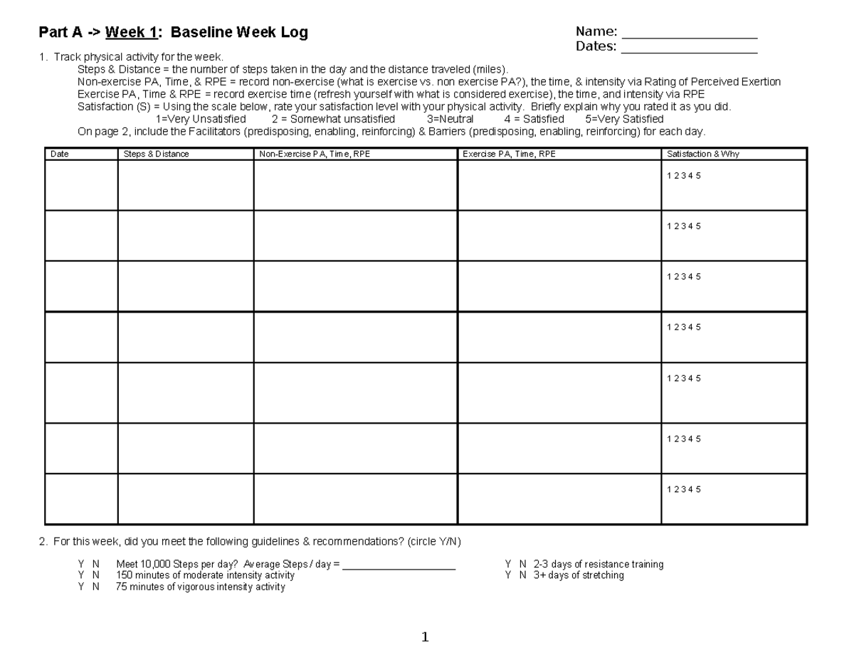 PA 101: Week 1 & 2 Baseline & Intervention Log of Facilitators/Barriers ...