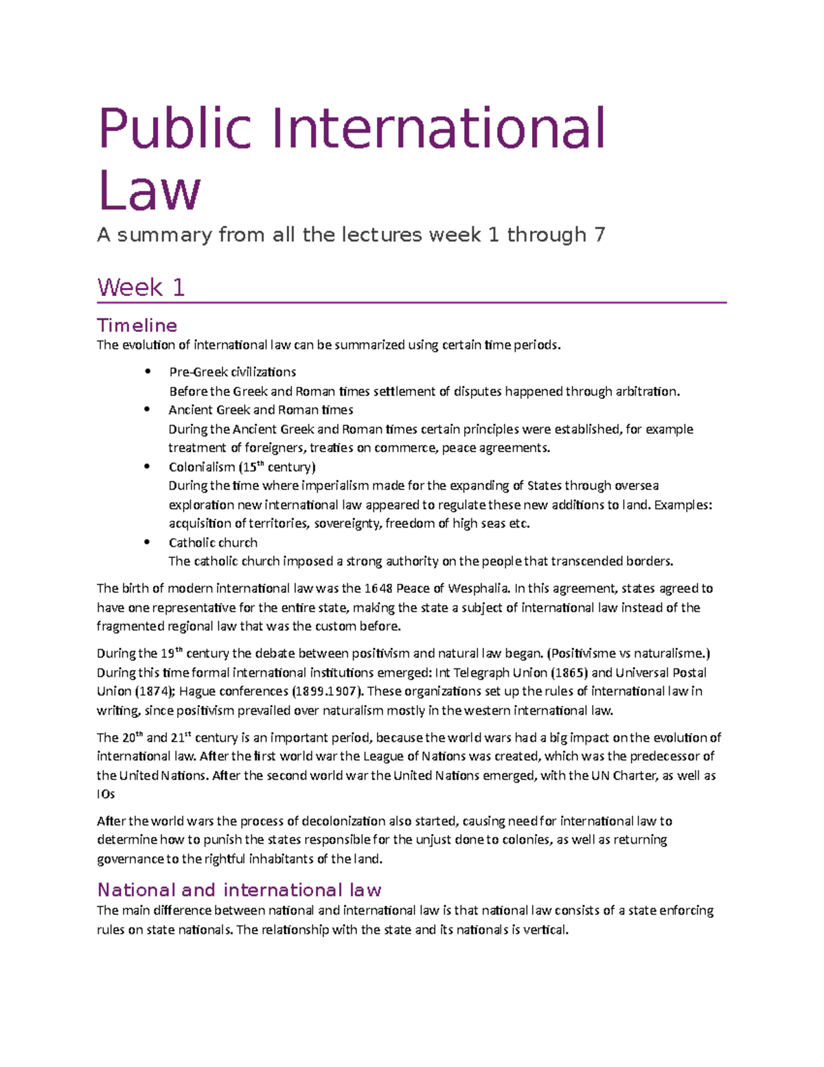 Public International Law Summary of Lectures (Weeks 1-7) - Studeersnel