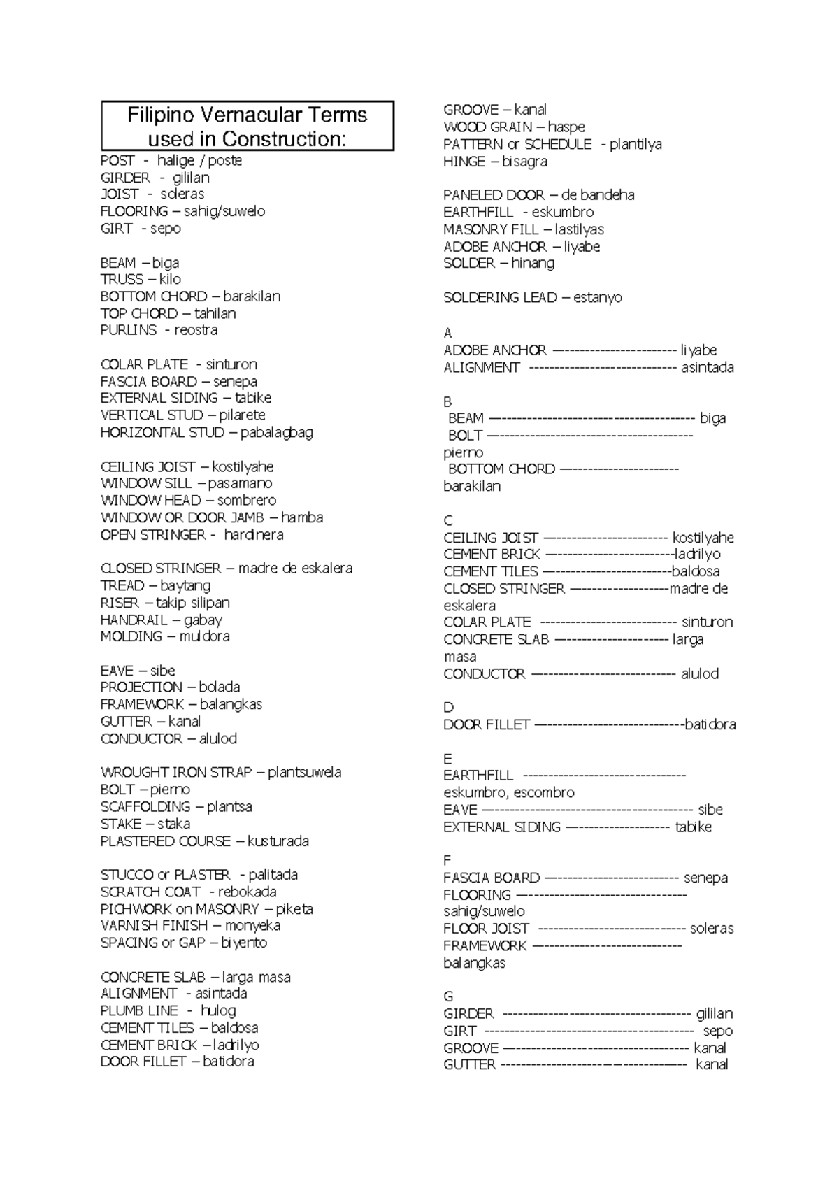 Filipino Vernacular Terms in Construction: A Comprehensive Guide - Studocu