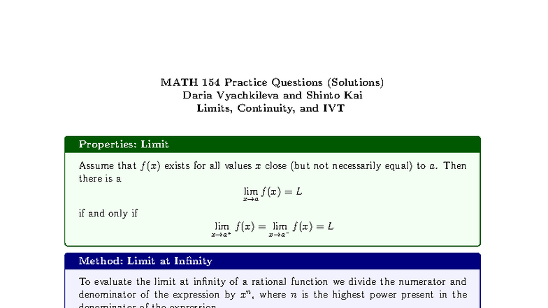 MATH 154 Practice Questions: Limits, Continuity, and IVT Solutions ...